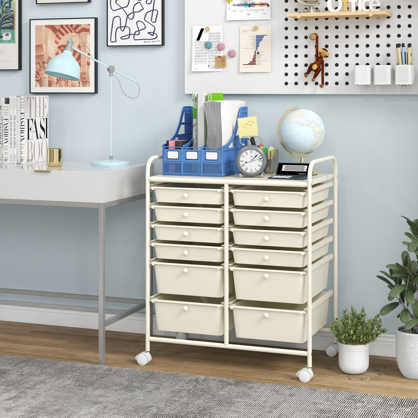 12-Drawer Rolling Storage Cart, Removable Drawers, Lockable Wheels, Beige File Cabinets at Gallery Canada