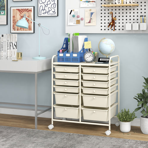 12-Drawer Rolling Storage Cart, Removable Drawers, Lockable Wheels, Beige