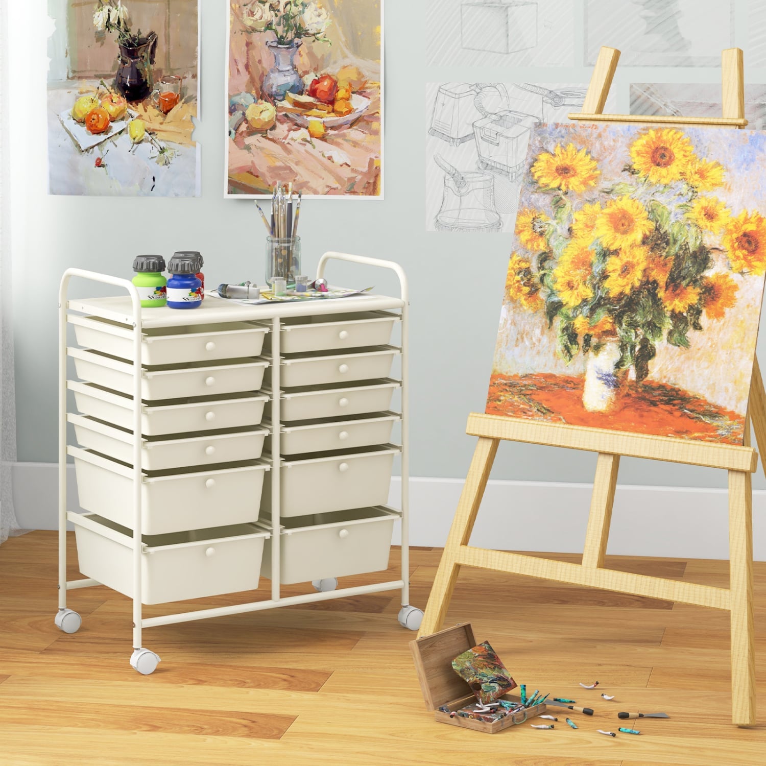 12-Drawer Rolling Storage Cart, Removable Drawers, Lockable Wheels, Beige File Cabinets at Gallery Canada
