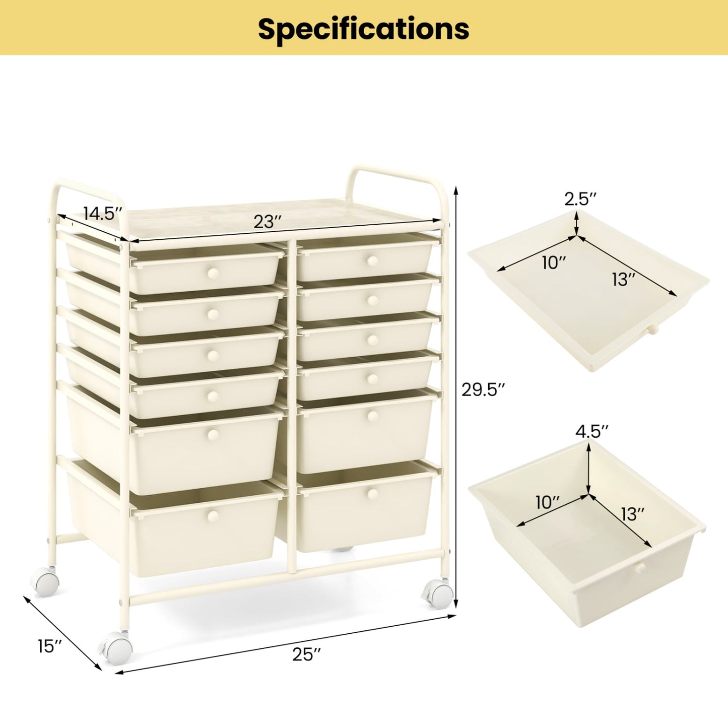 12-Drawer Rolling Storage Cart, Removable Drawers, Lockable Wheels, Beige File Cabinets at Gallery Canada