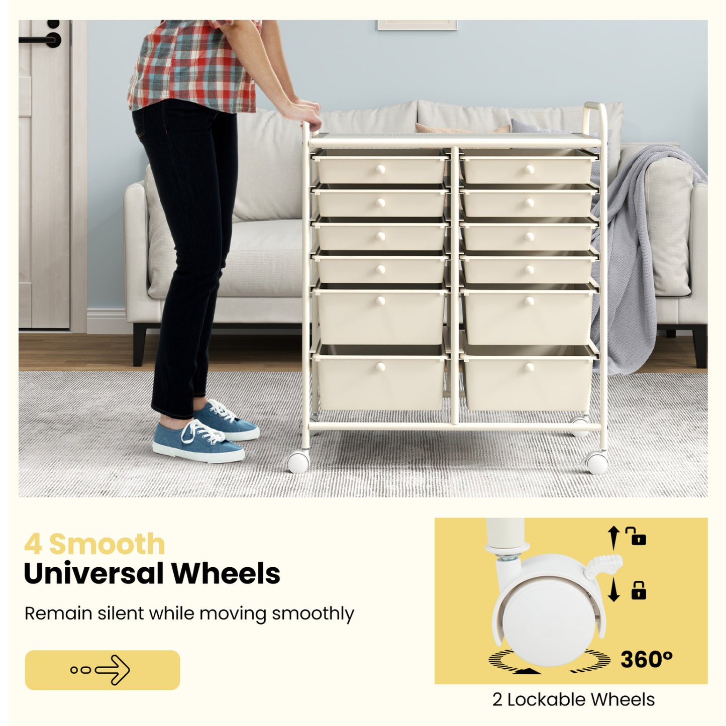 12-Drawer Rolling Storage Cart, Removable Drawers, Lockable Wheels, Beige File Cabinets at Gallery Canada