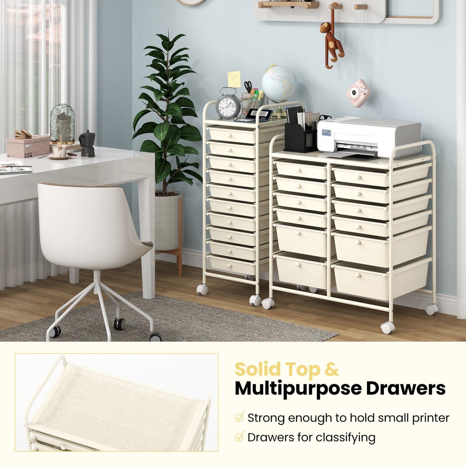 12-Drawer Rolling Storage Cart, Removable Drawers, Lockable Wheels, Beige File Cabinets at Gallery Canada
