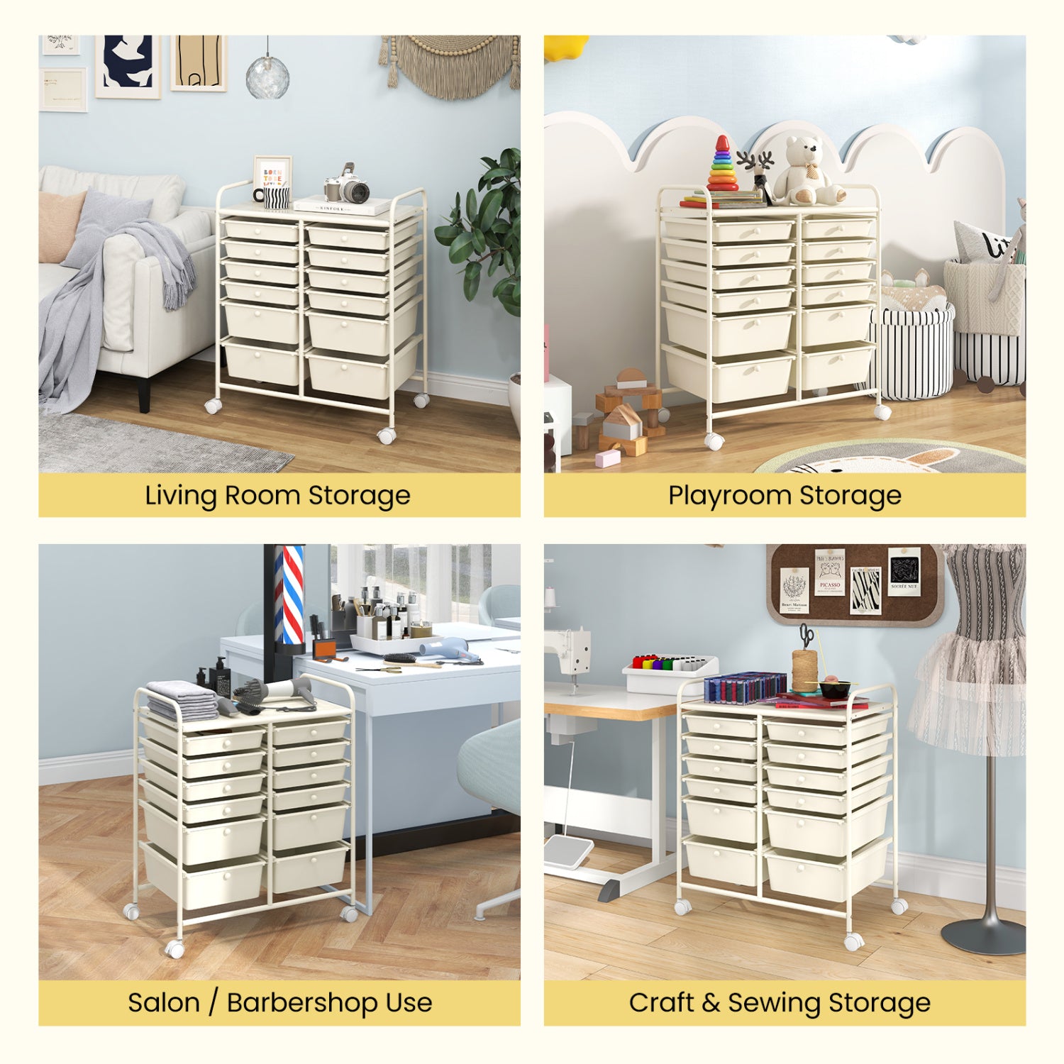 12-Drawer Rolling Storage Cart, Removable Drawers, Lockable Wheels, Beige File Cabinets at Gallery Canada
