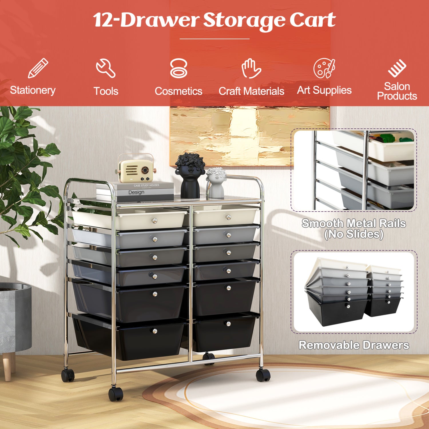 12-Drawer Rolling Storage Cart, Removable Drawers, Lockable Wheels, Gray File Cabinets at Gallery Canada