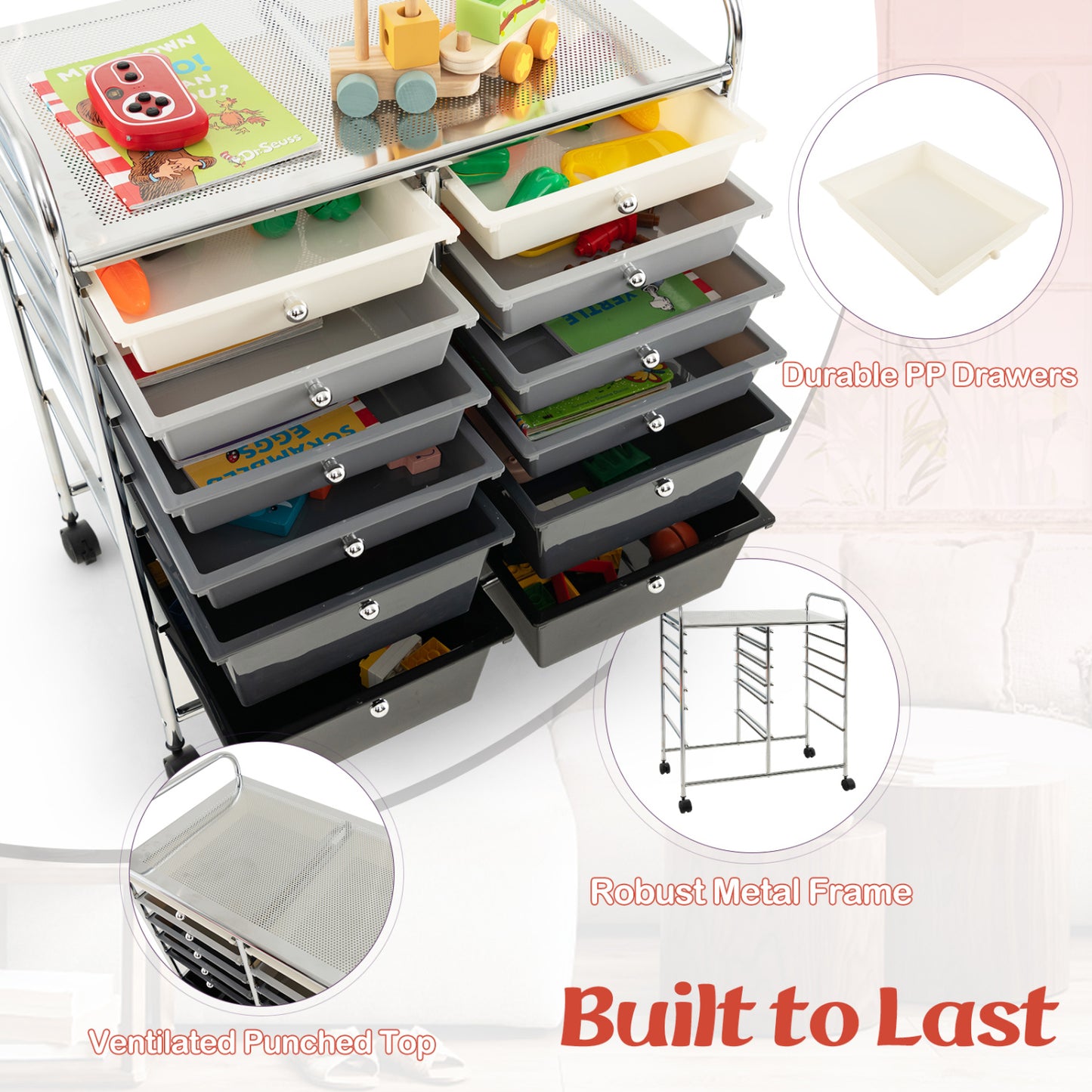 12-Drawer Rolling Storage Cart, Removable Drawers, Lockable Wheels, Gray File Cabinets at Gallery Canada