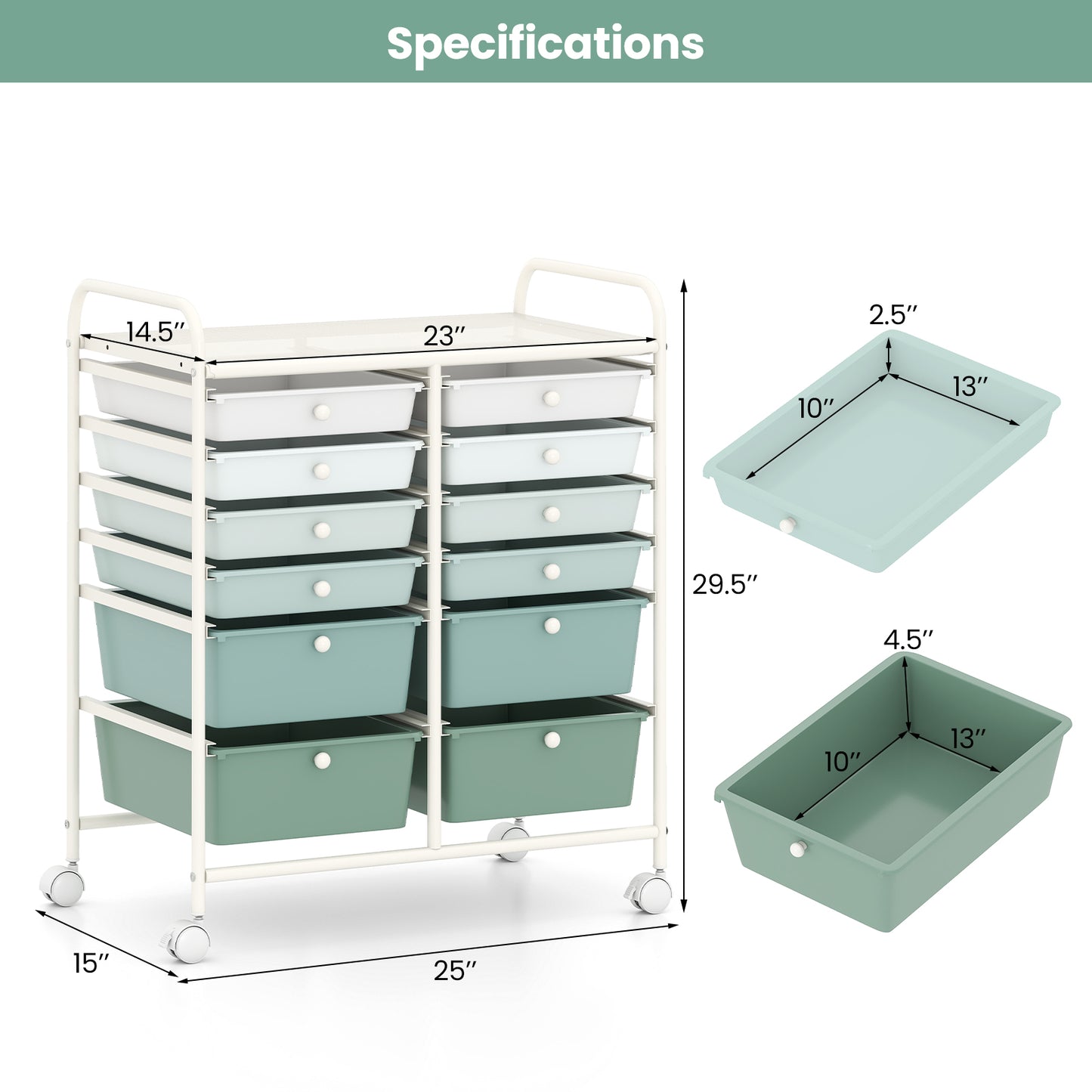 12-Drawer Rolling Storage Cart, Removable Drawers, Lockable Wheels, Green Gradient File Cabinets at Gallery Canada