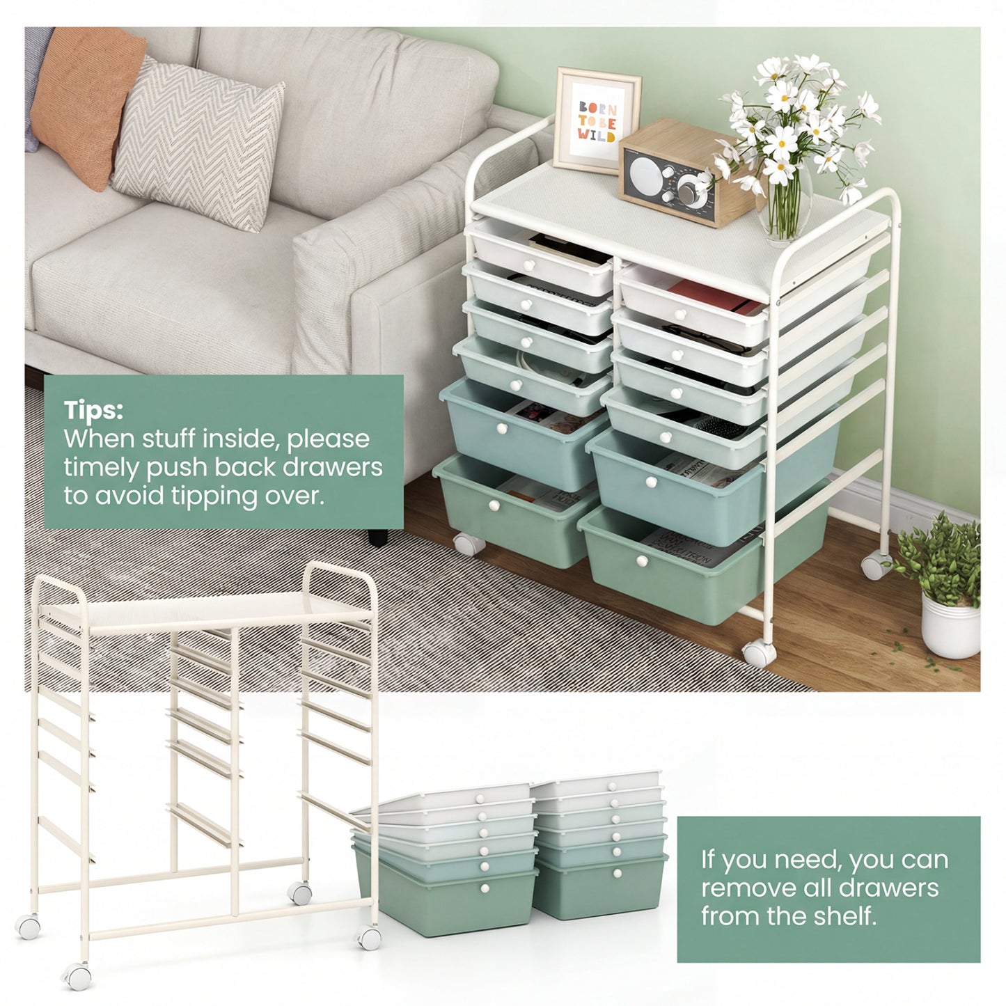 12-Drawer Rolling Storage Cart, Removable Drawers, Lockable Wheels, Green Gradient File Cabinets at Gallery Canada