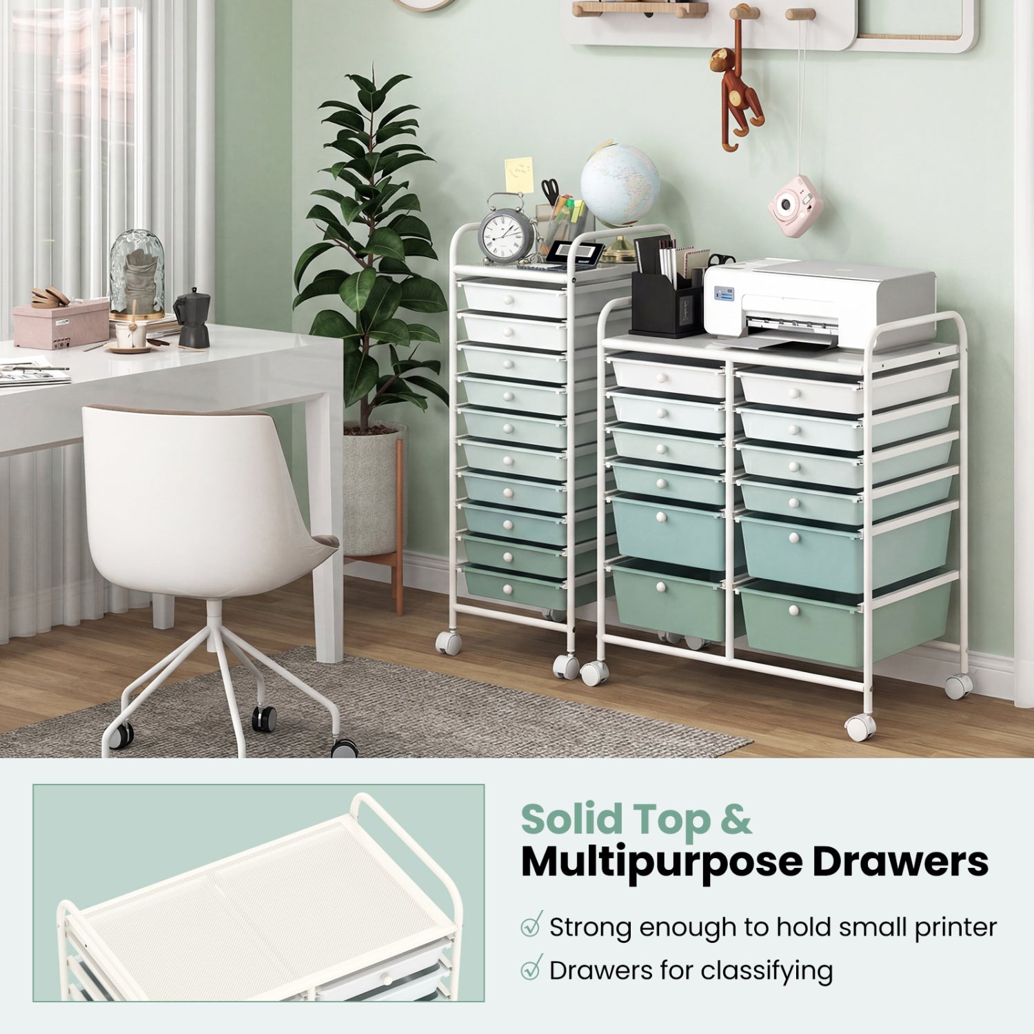 12-Drawer Rolling Storage Cart, Removable Drawers, Lockable Wheels, Green Gradient File Cabinets at Gallery Canada