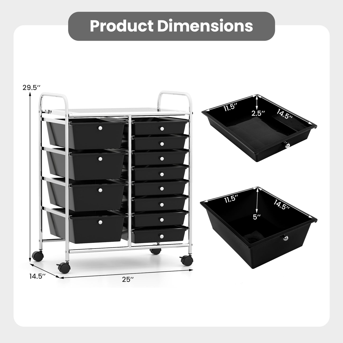 12-Drawer Utility Rolling Cart with Drawers Multi-Use Storage, Black