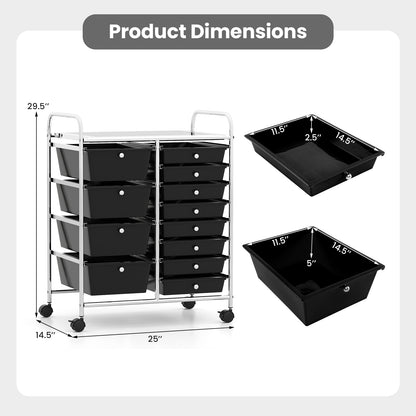 12-Drawer Utility Rolling Cart with Drawers Multi-Use Storage, Black