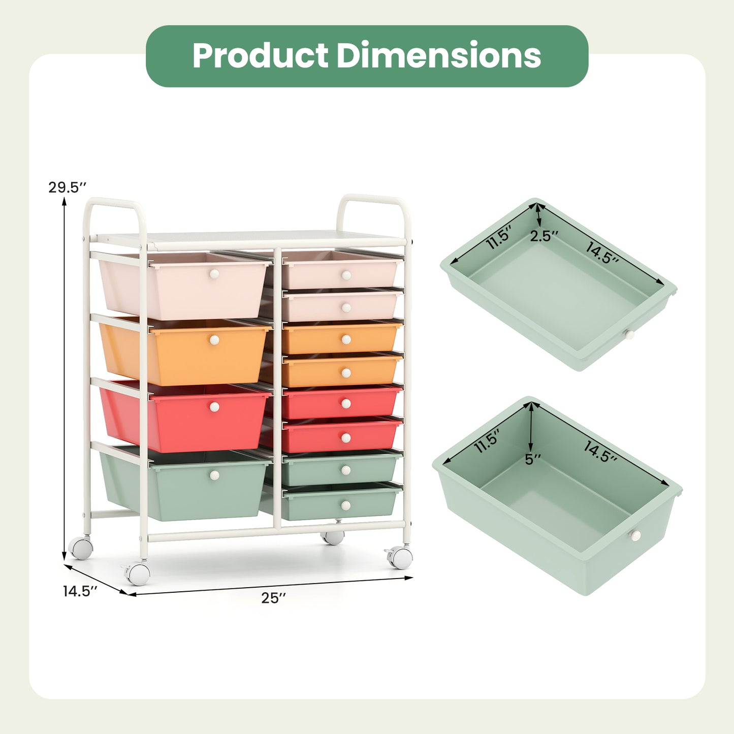 12-Drawer Utility Rolling Cart with Drawers Multi-Use Storage, Macaron