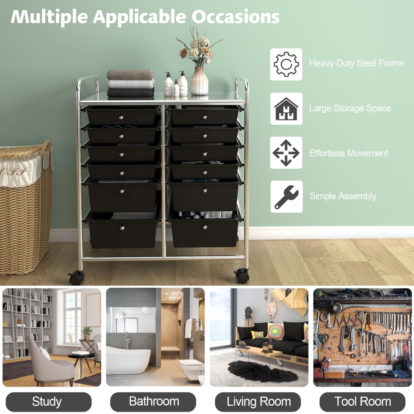 12 Storage Drawer Organizer Bins Rolling Cart, Black File Cabinets at Gallery Canada