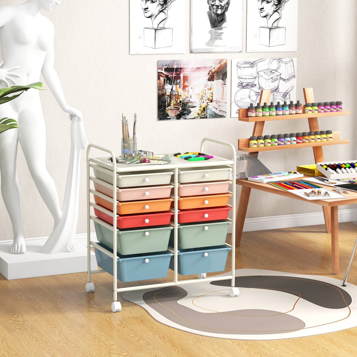 12 Drawers Rolling Storage Cart, Metal Frame, Lockable Wheels, Deep, Multicolor File Cabinets at Gallery Canada