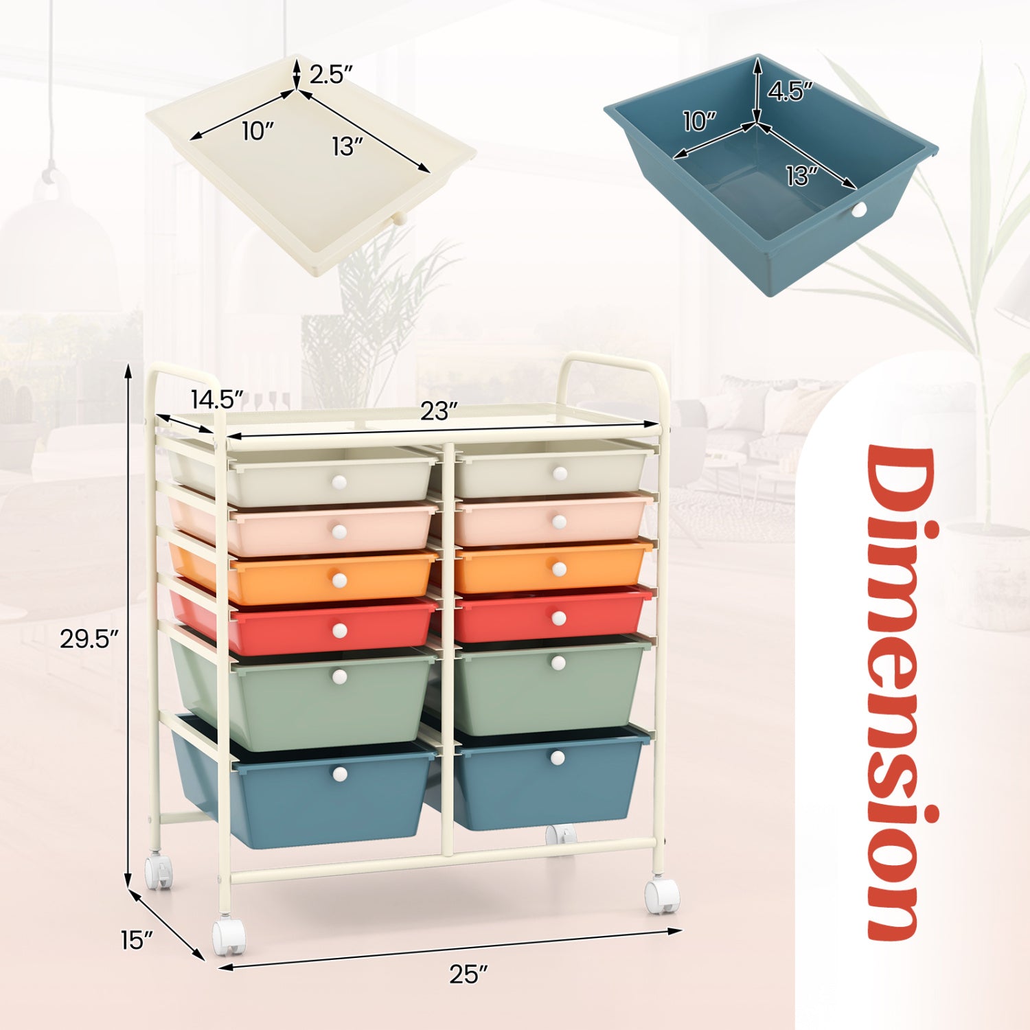 12 Drawers Rolling Storage Cart, Metal Frame, Lockable Wheels, Deep, Multicolor File Cabinets at Gallery Canada