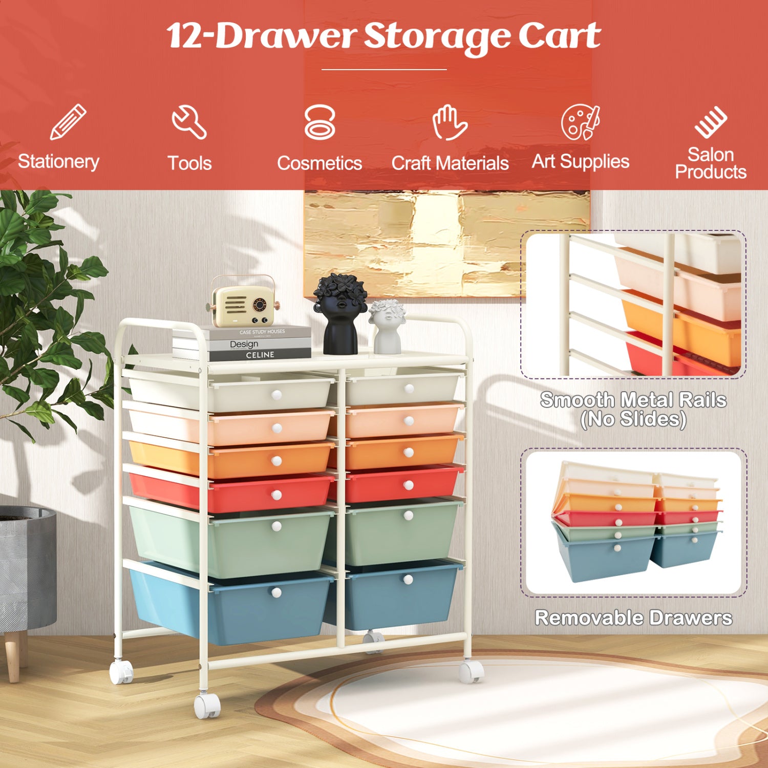 12 Drawers Rolling Storage Cart, Metal Frame, Lockable Wheels, Deep, Multicolor File Cabinets at Gallery Canada