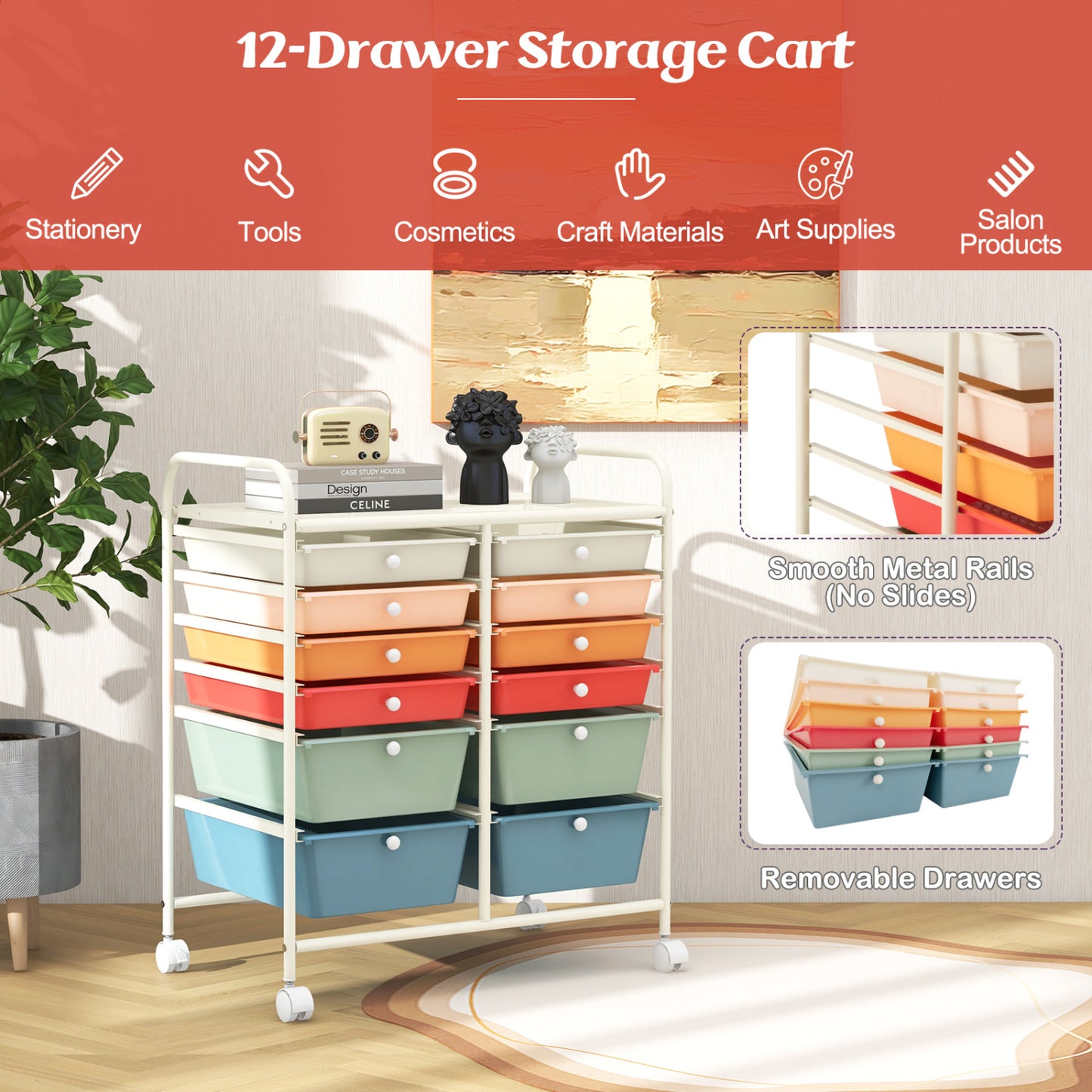12 Drawers Rolling Storage Cart, Metal Frame, Lockable Wheels, Deep, Multicolor File Cabinets at Gallery Canada