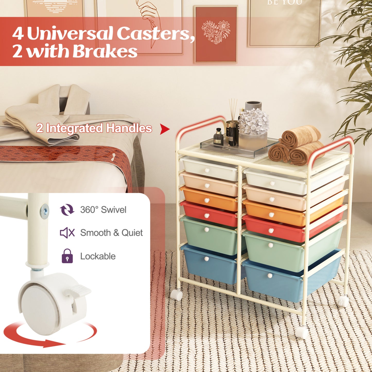 12 Drawers Rolling Storage Cart, Metal Frame, Lockable Wheels, Deep, Multicolor File Cabinets at Gallery Canada