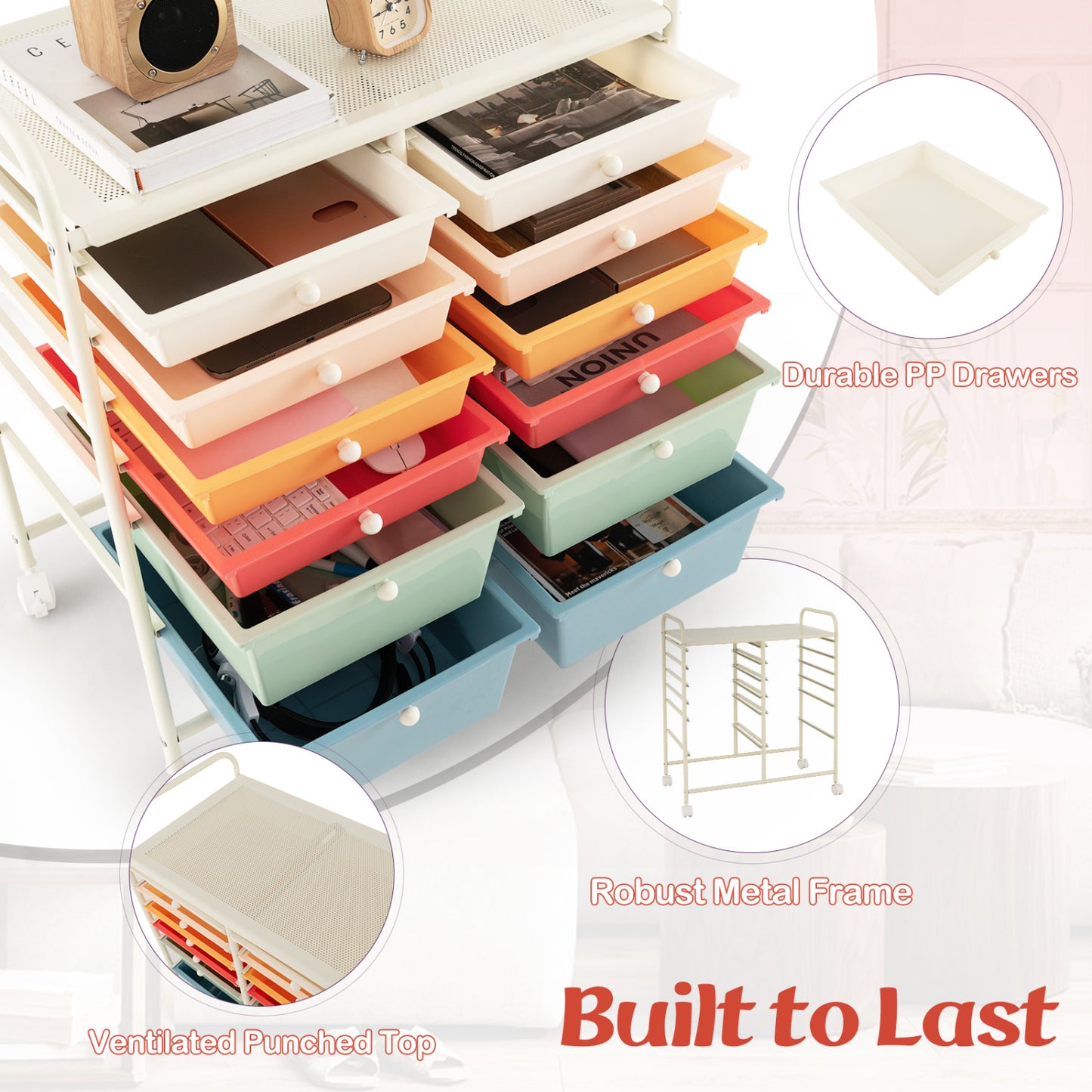 12 Drawers Rolling Storage Cart, Metal Frame, Lockable Wheels, Deep, Multicolor File Cabinets at Gallery Canada
