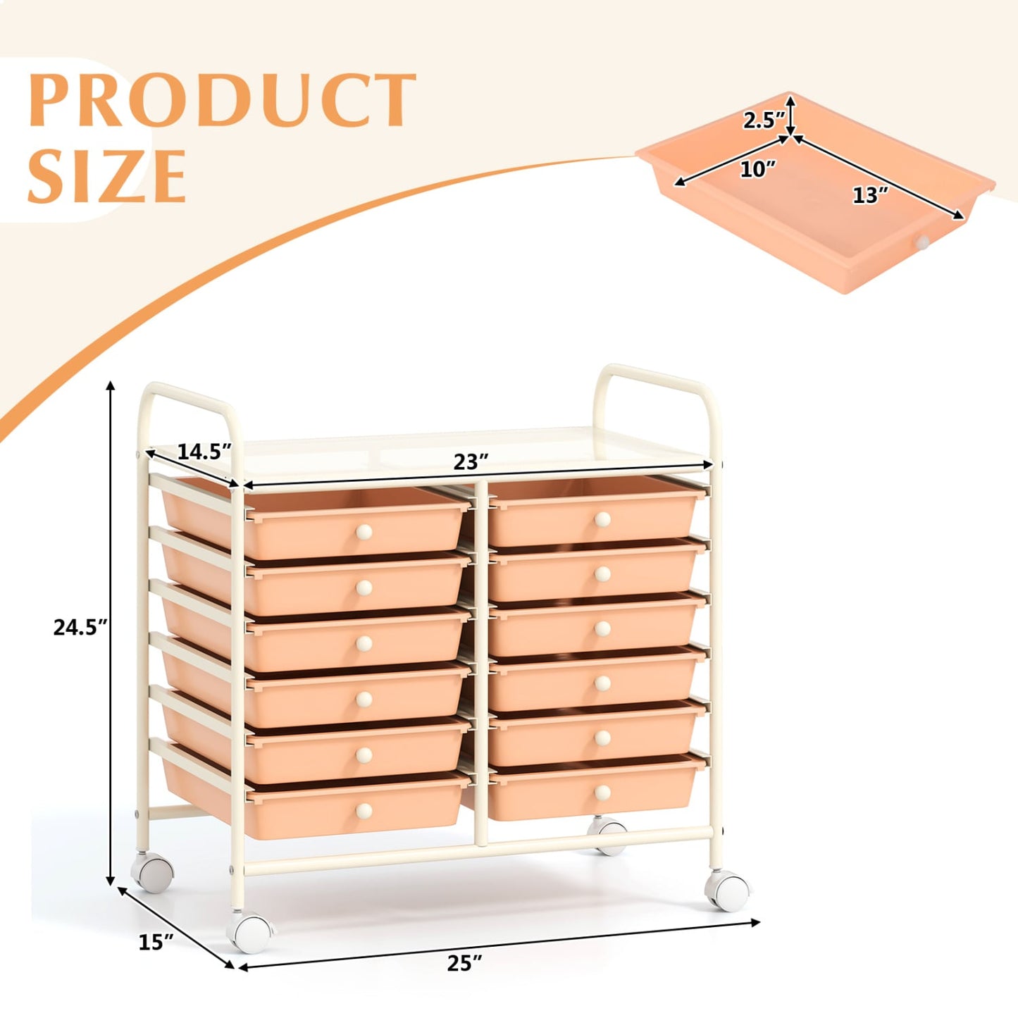12 Drawers Rolling Storage Cart, Peach File Cabinets at Gallery Canada