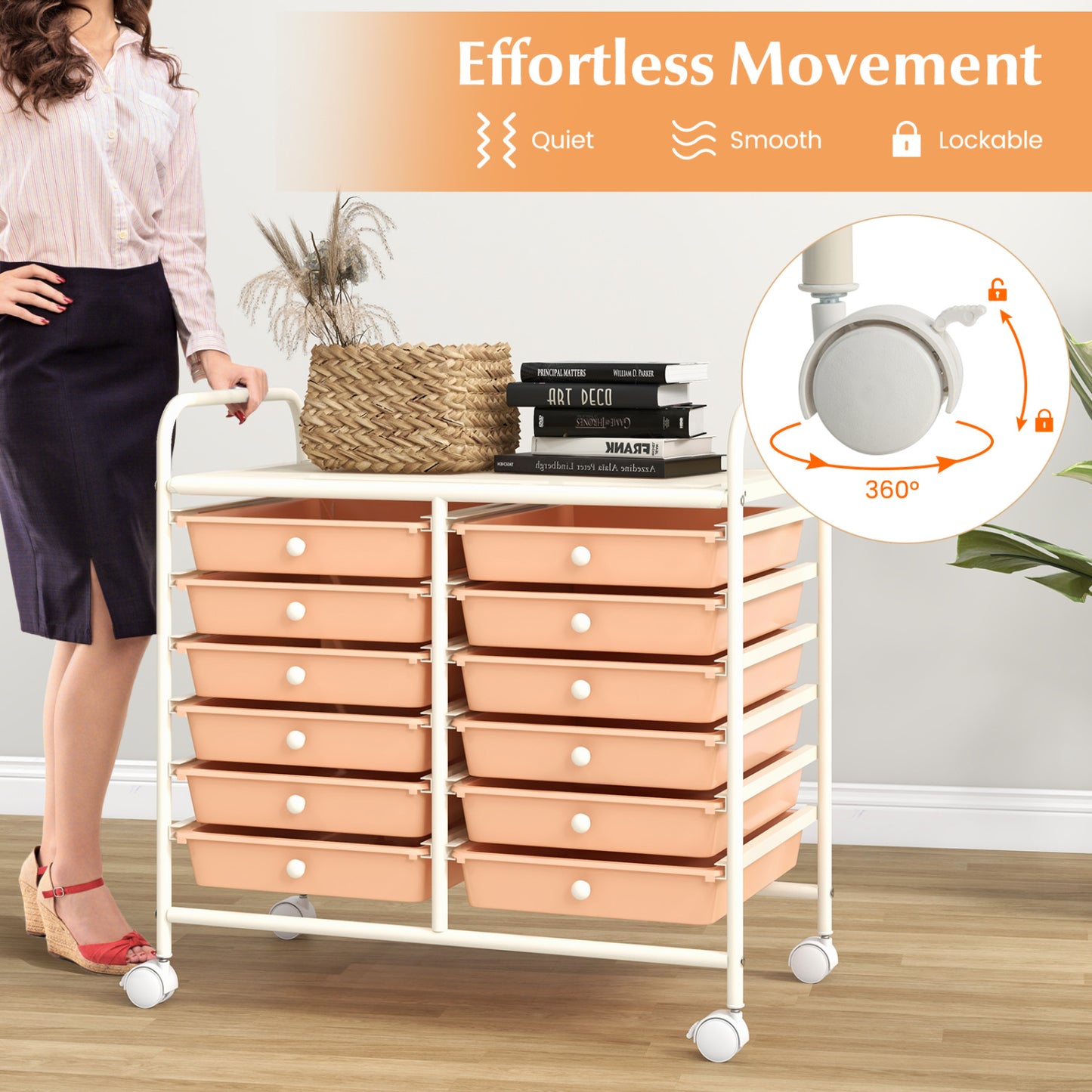 12 Drawers Rolling Storage Cart, Peach File Cabinets at Gallery Canada