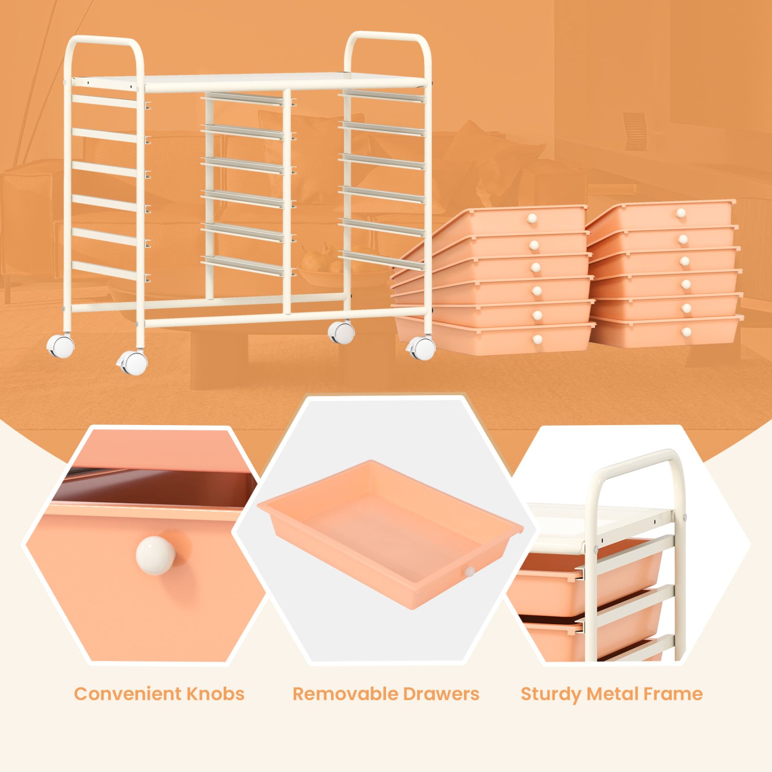 12 Drawers Rolling Storage Cart, Peach File Cabinets at Gallery Canada