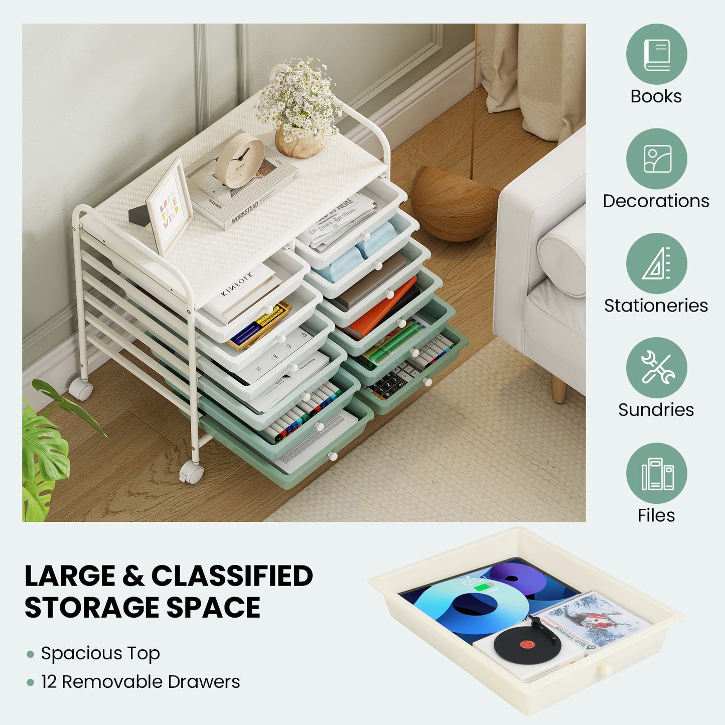 12 Drawers Rolling Storage Cart, Green Gradient File Cabinets at Gallery Canada