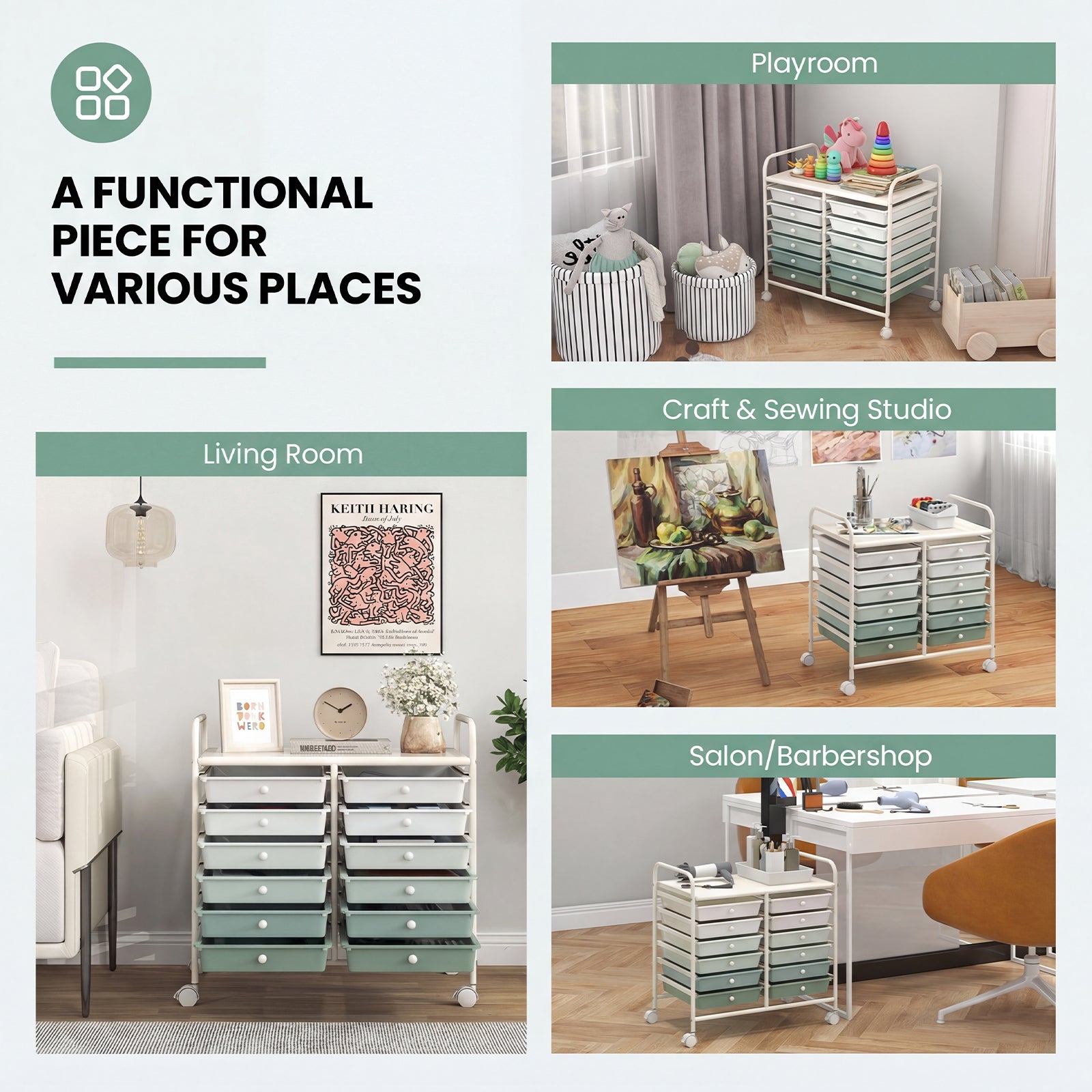 12 Drawers Rolling Storage Cart, Green Gradient File Cabinets at Gallery Canada