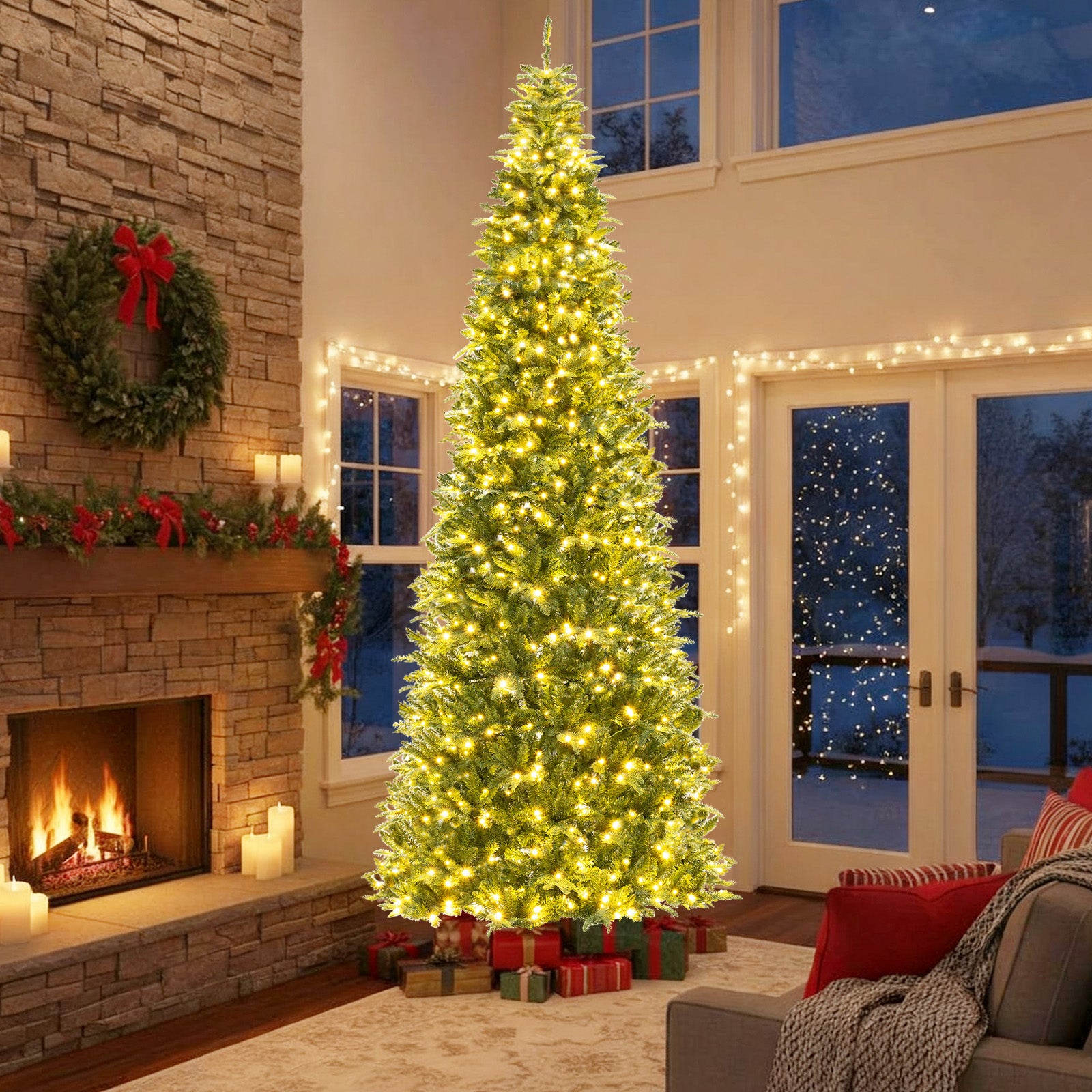 12 Feet Tall Prelit Hinged Artificial Christmas Tree, Green Christmas Tree at Gallery Canada