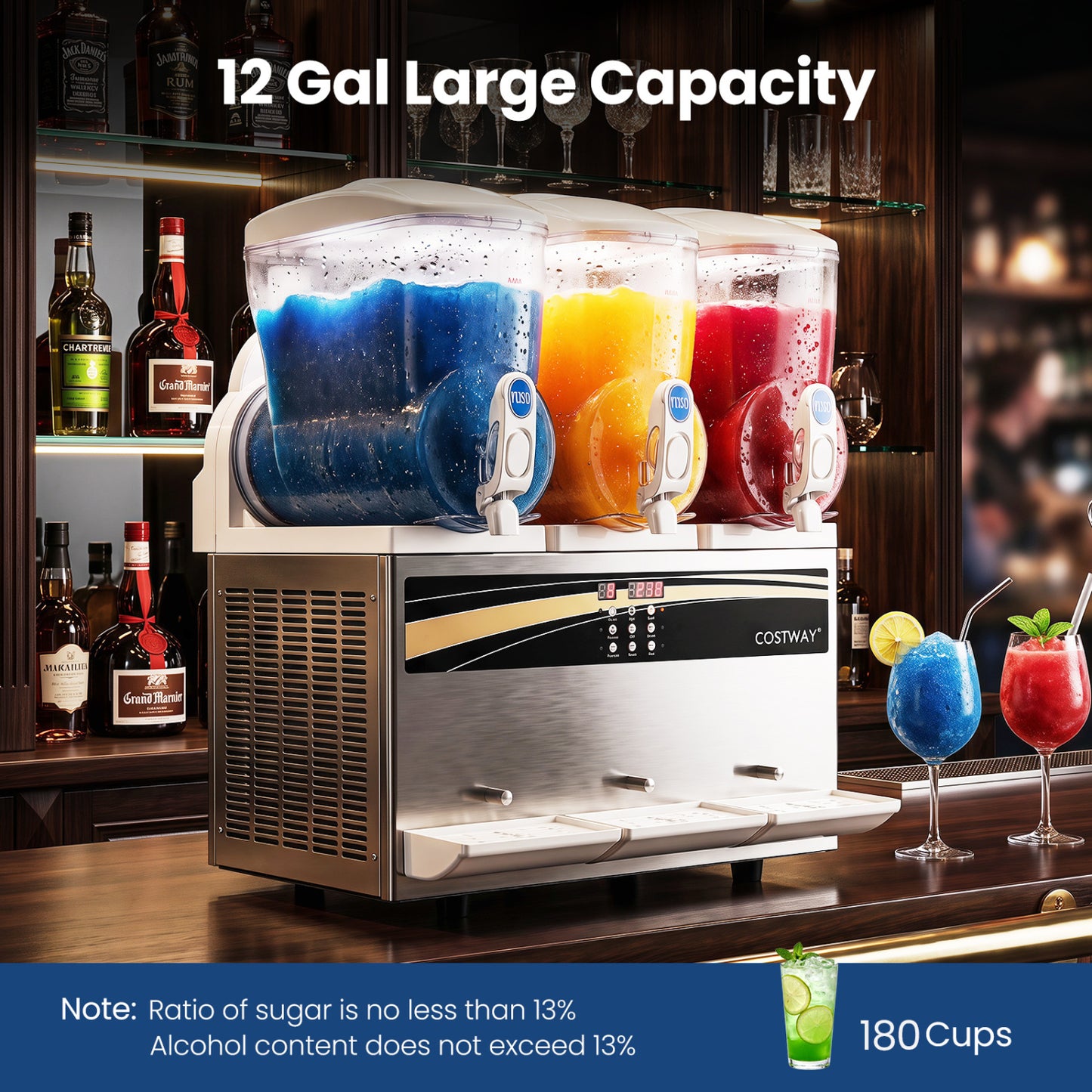 Distributeur commercial de slush de 12 gallons, 3 réservoirs triples de 4 gallons, argenté