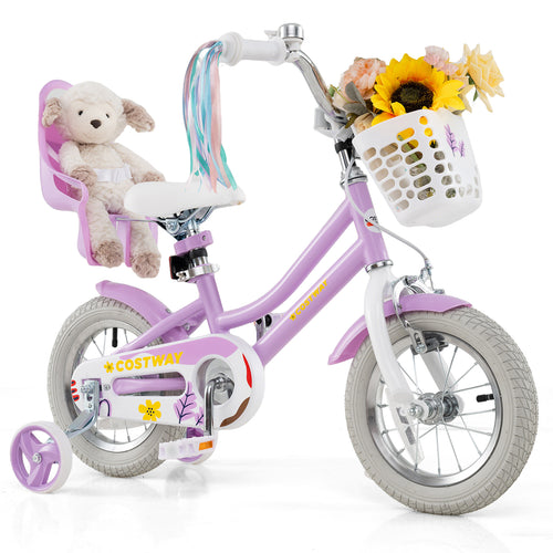 12 Inch Girls Bike, With Doll Seat And Streamers, For Ages 3-4, Purple