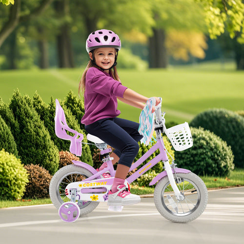 12 Inch Girls Bike, With Doll Seat And Streamers, For Ages 3-4, Purple