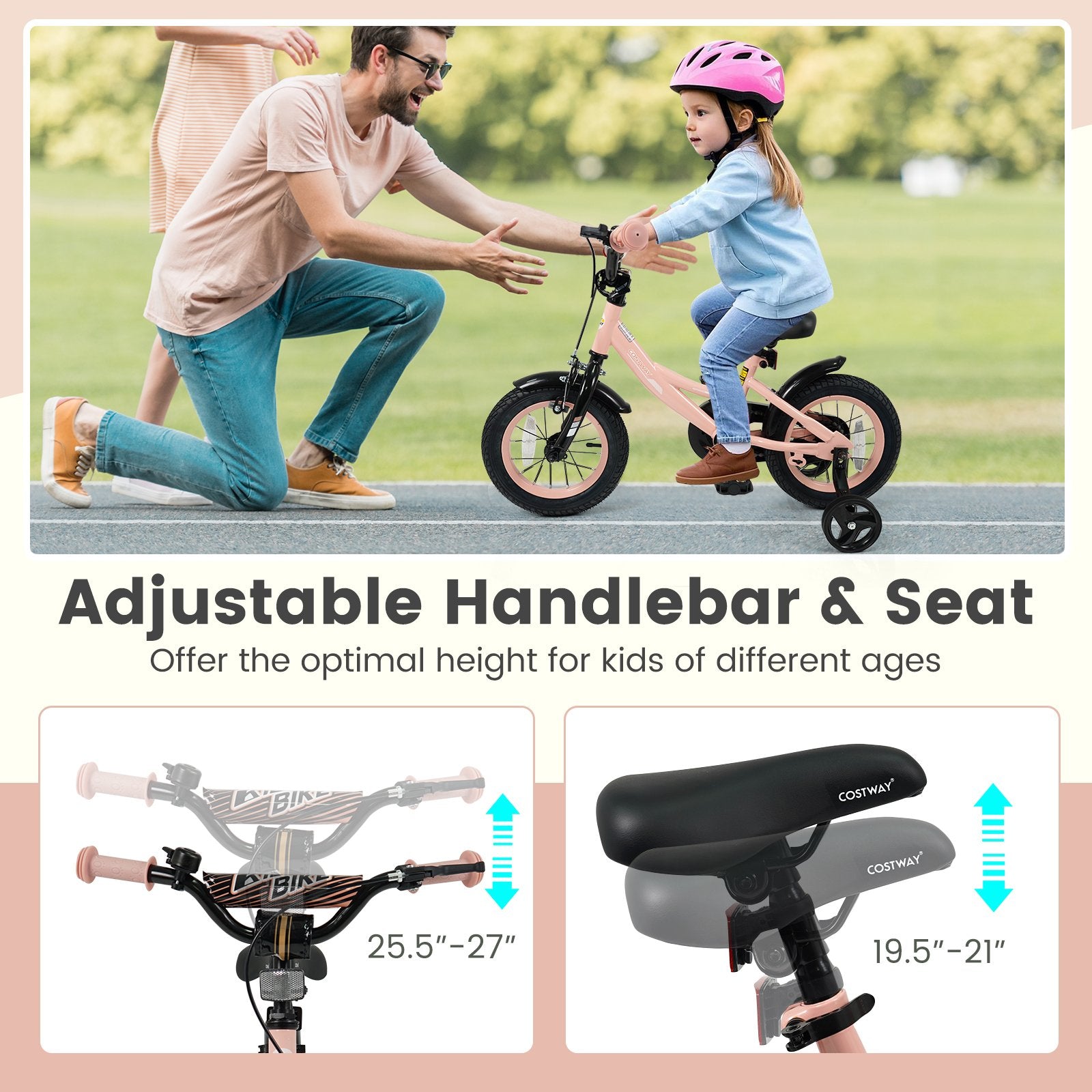 12 Inch Kids Bike Adjustable with Removable Training Wheels Pink for 3-8 Years Old, Pink Kids Bike at Gallery Canada