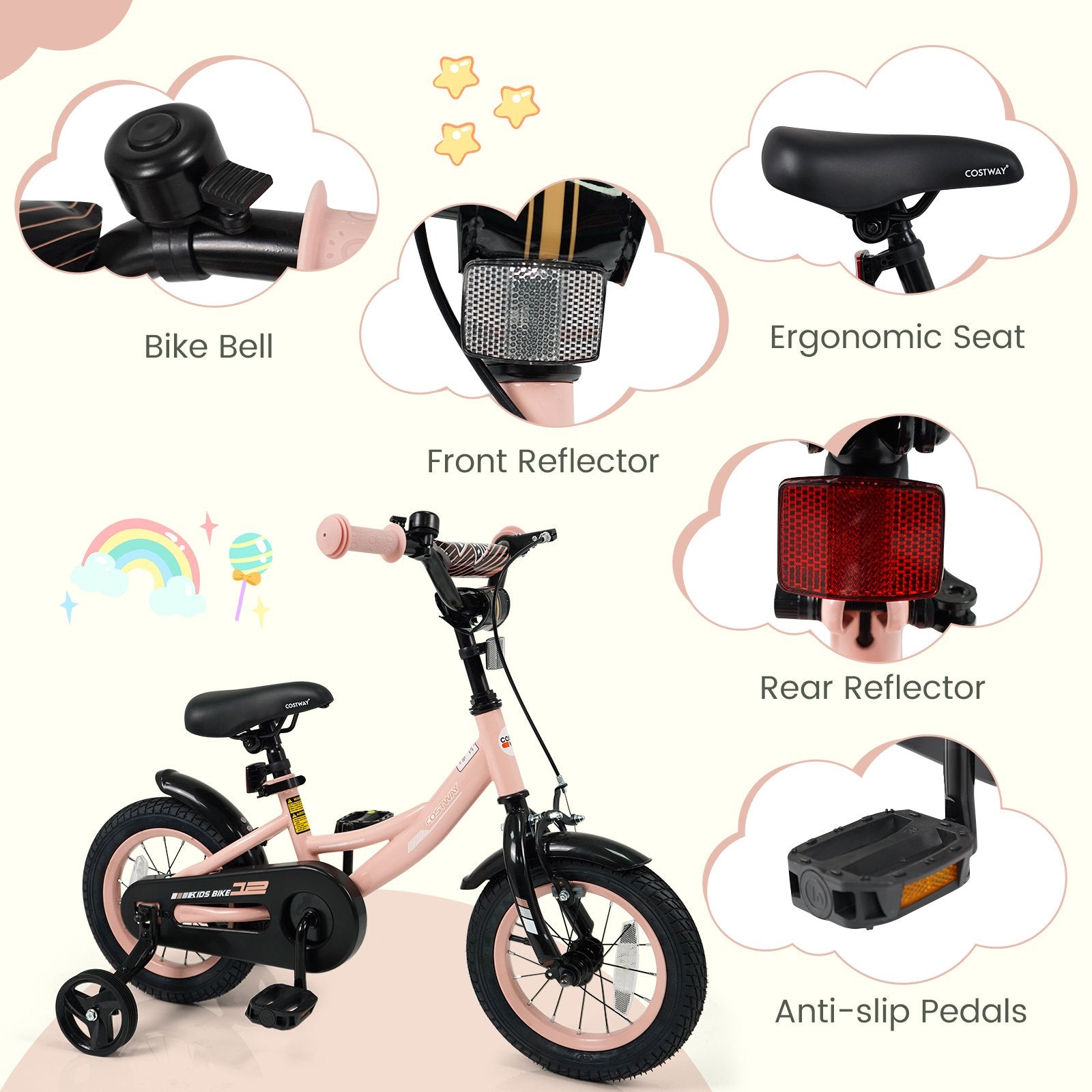 12 Inch Kids Bike Adjustable with Removable Training Wheels Pink for 3-8 Years Old, Pink Kids Bike at Gallery Canada