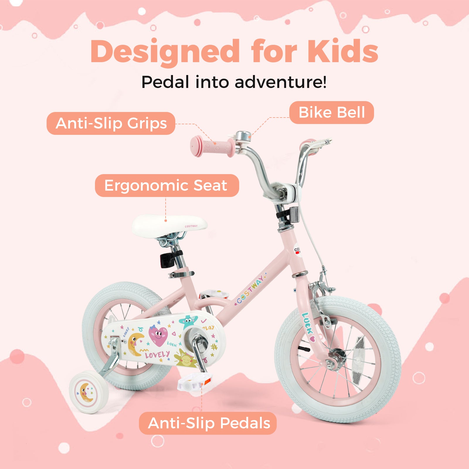 12 Inch Kids Bike Adjustable for 3-8 Years Old Children Pink - Stars & Moon, Pink Kids Bike at Gallery Canada