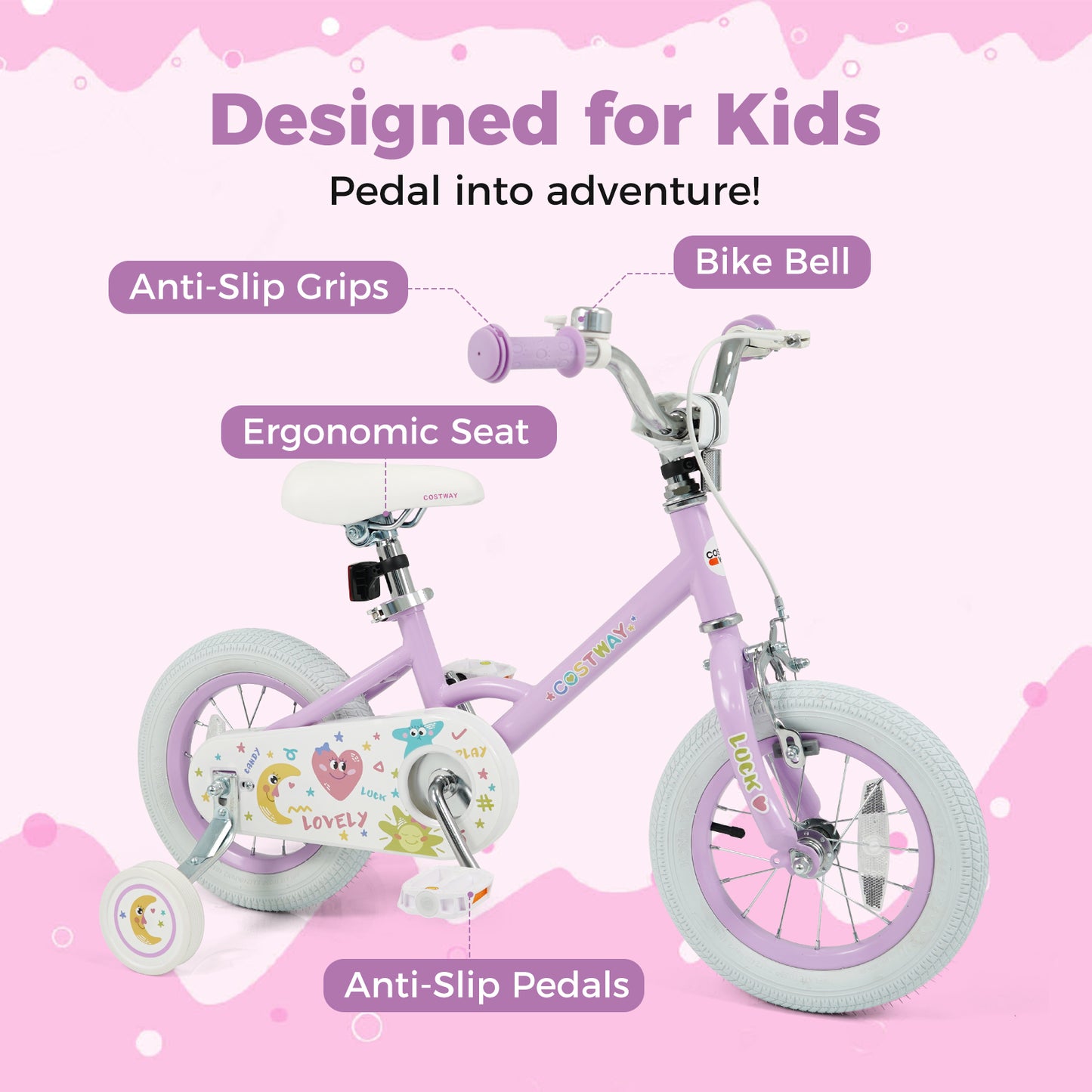 12 Inch Kids Bike Adjustable for 3-8 Years Old Children Purple - Stars & Moon, Purple Kids Bike at Gallery Canada