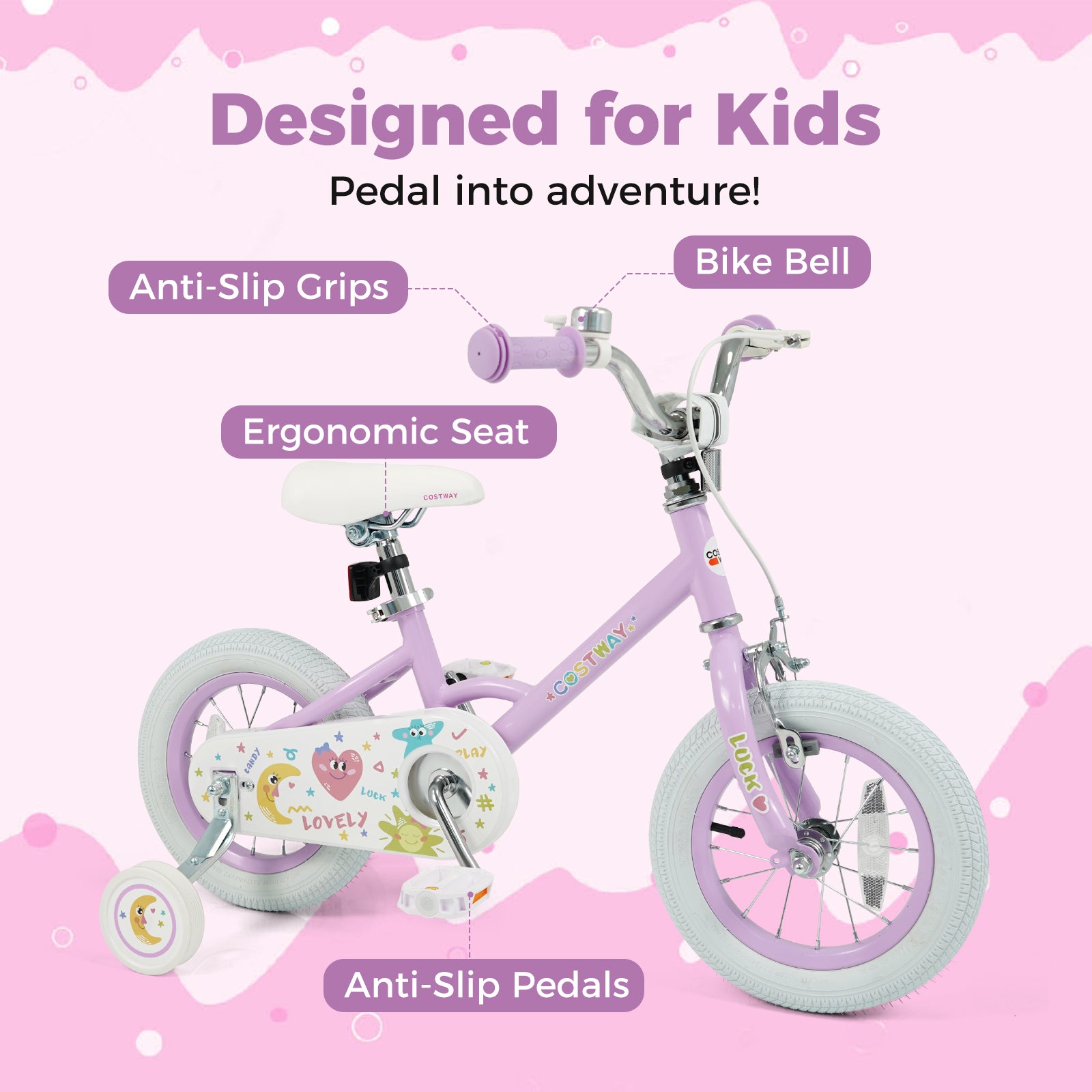 12 Inch Kids Bike Adjustable for 3-8 Years Old Children Purple - Stars & Moon, Purple Kids Bike at Gallery Canada