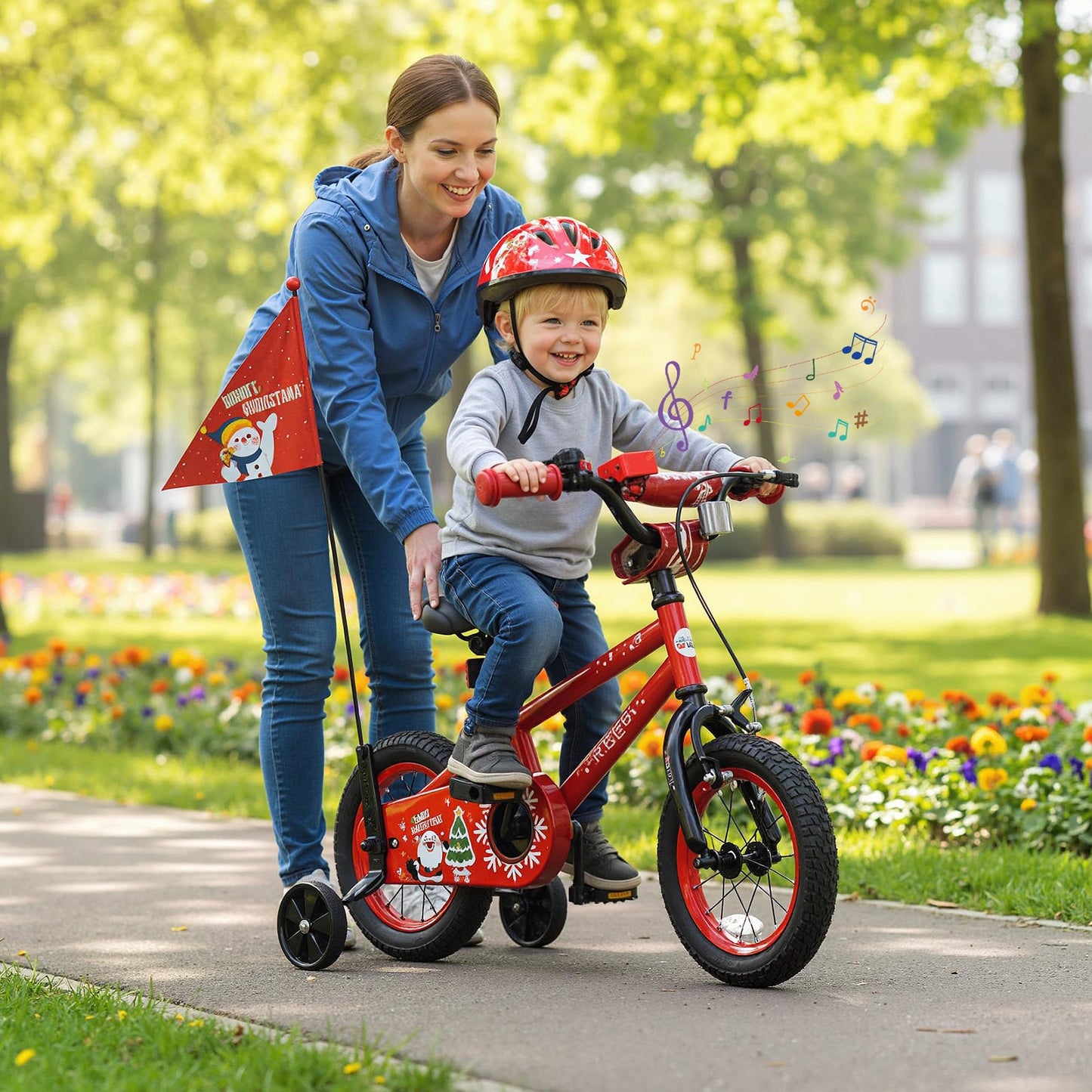 12 Inch Kids Bike Adjustable with Christmas Music & Flag for Aged 3-5 Years Old, Red