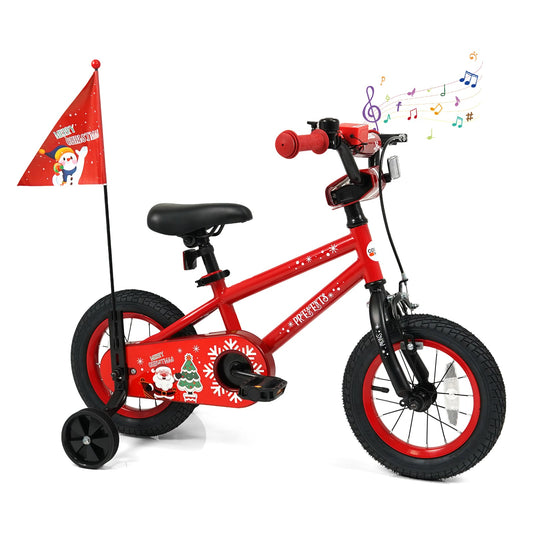12 Inch Kids Bike Adjustable with Christmas Music & Flag for Aged 3-5 Years Old, Red