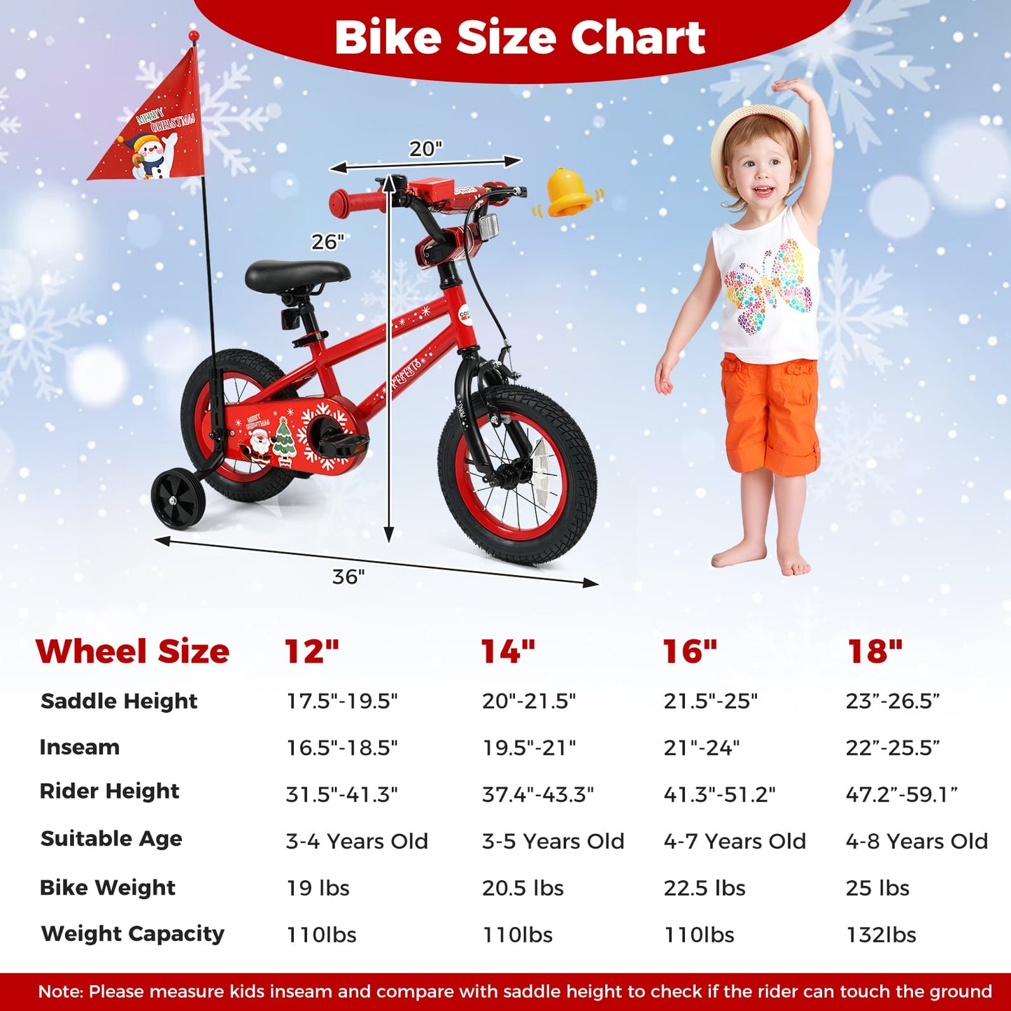 12 Inch Kids Bike Adjustable with Christmas Music & Flag for Aged 3-5 Years Old, Red