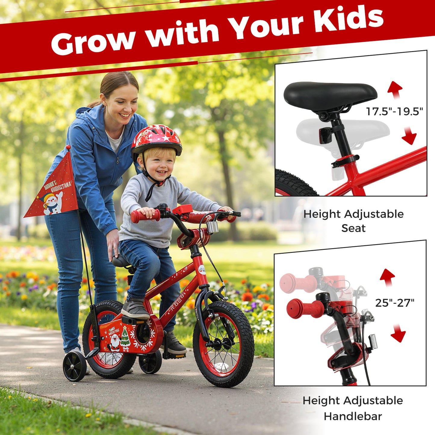 12 Inch Kids Bike Adjustable with Christmas Music & Flag for Aged 3-5 Years Old, Red
