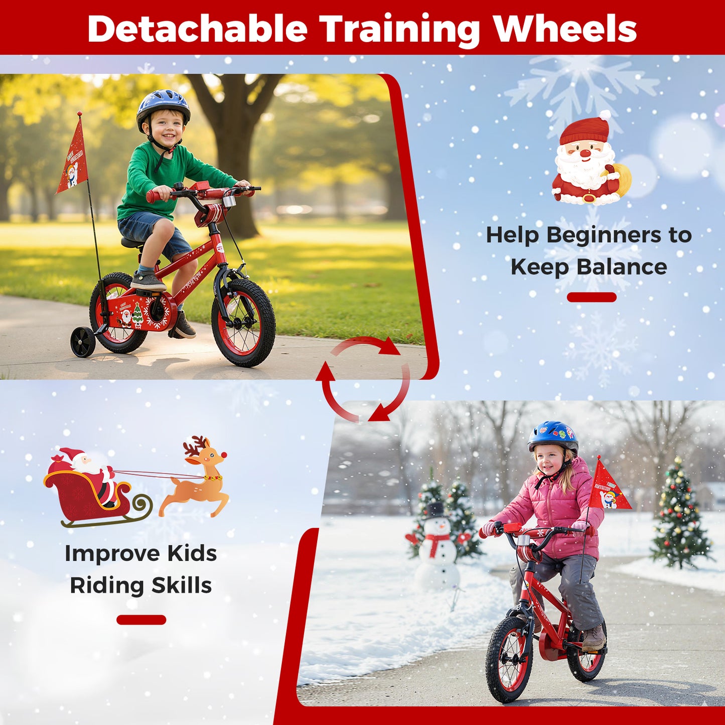 12 Inch Kids Bike Adjustable with Christmas Music & Flag for Aged 3-5 Years Old, Red