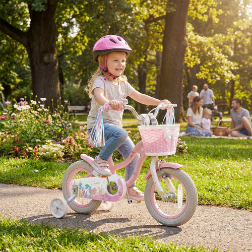 12 Inch Kids Bike Adjustable with Basket and Streamers for Girls Aged 3-4 Years Old Pink, Pink