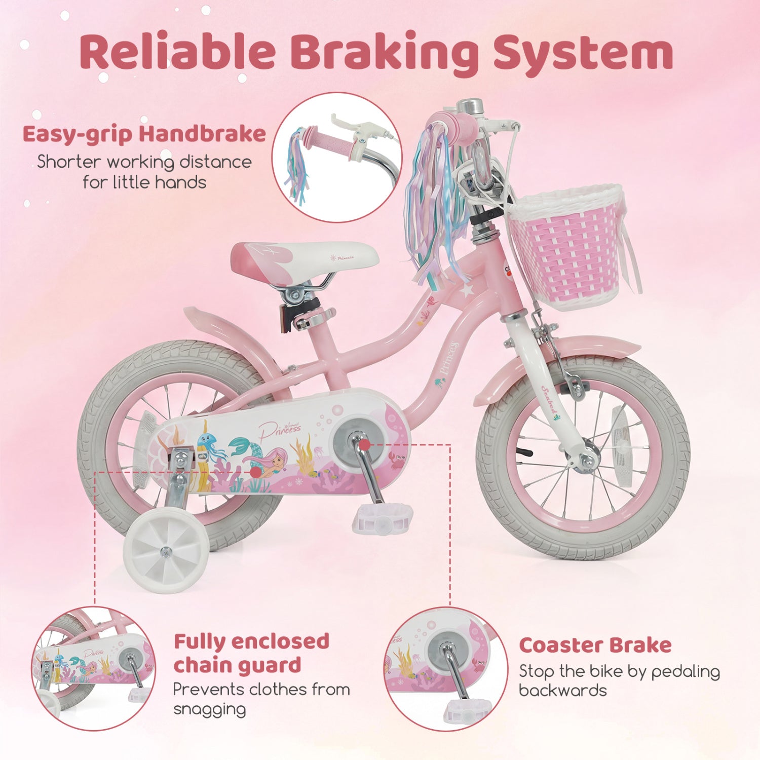12 Inch Kids Bike Adjustable with Basket and Streamers for Girls Aged 3-4 Years Old Pink, Pink Kids Bike at Gallery Canada