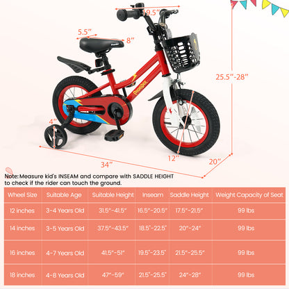 12 Inch Kids Bike Children Bicycle with Training Wheels for 3-4 Years Old, Red Kids Bike at Gallery Canada