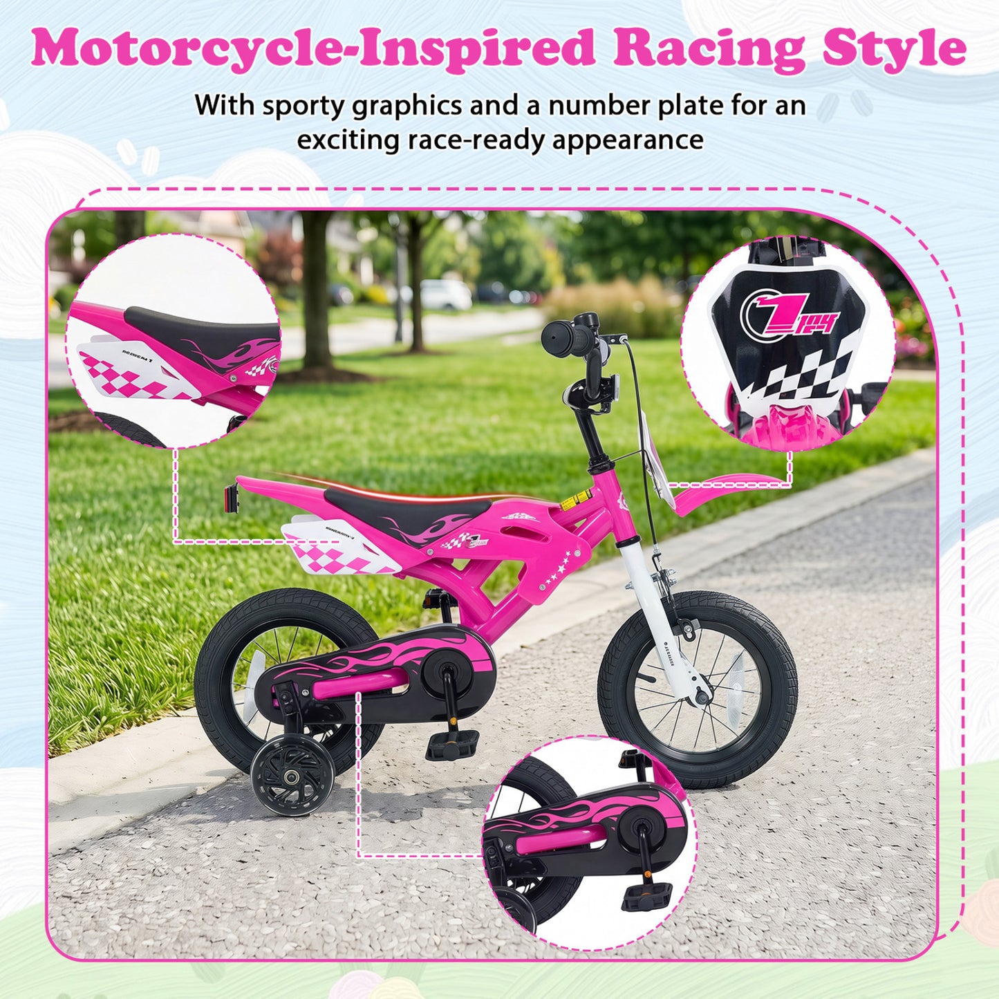 12 Inch Kids Bike Motorcycle-Style for Ages 3-4, Pink