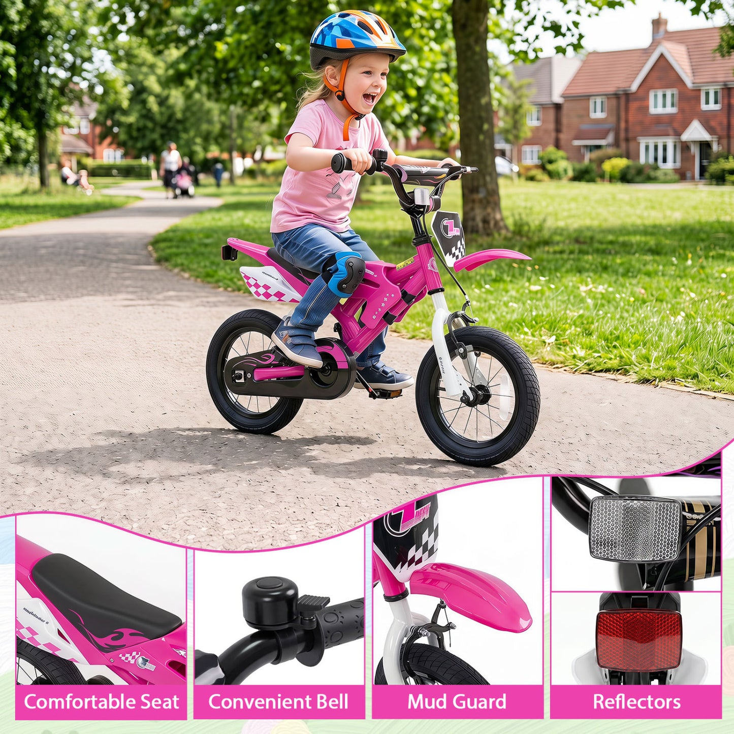 12 Inch Kids Bike Motorcycle-Style for Ages 3-4, Pink
