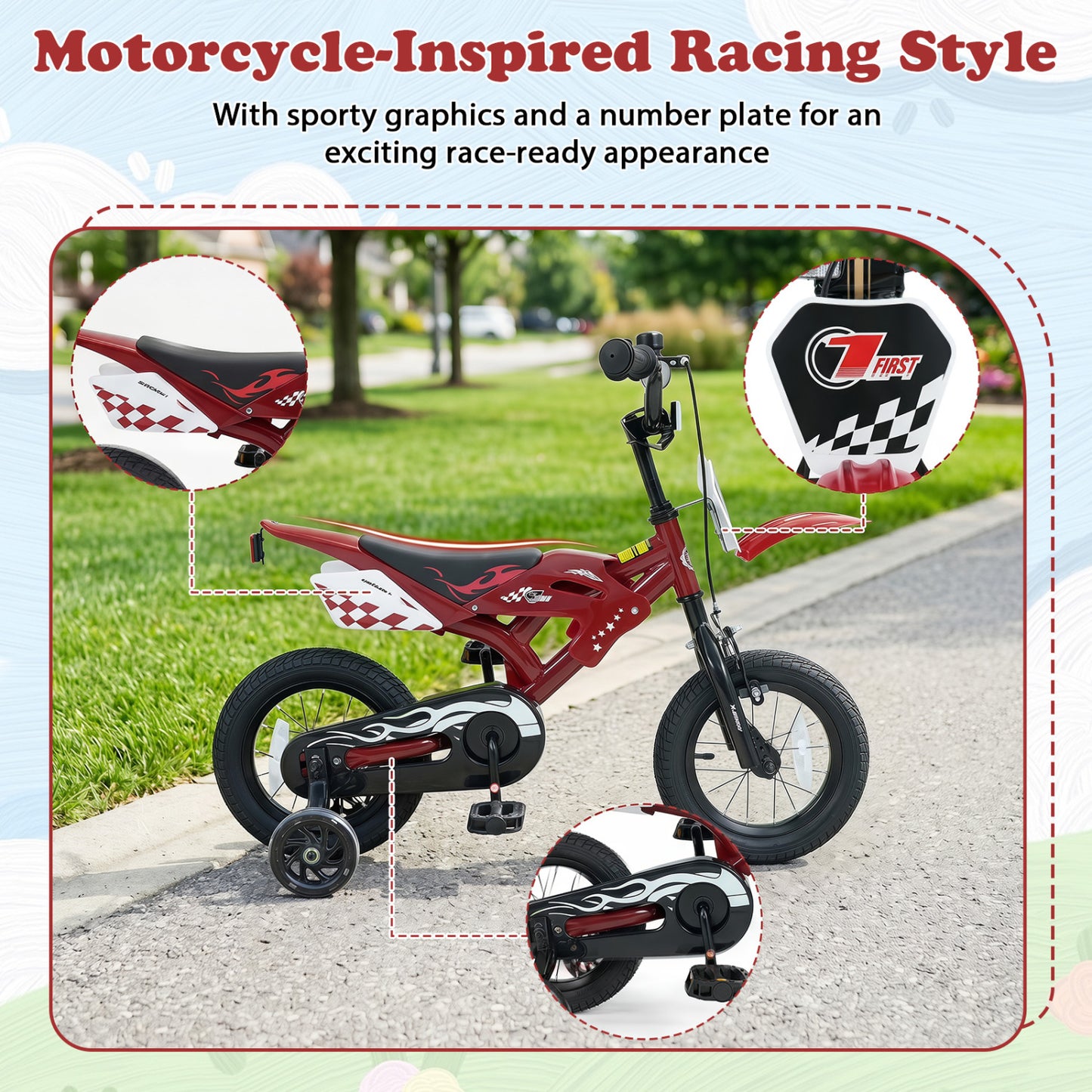 12 Inch Kids Bike Motorcycle-Inspired for Boy Girl Ages 3-4 Years, Red