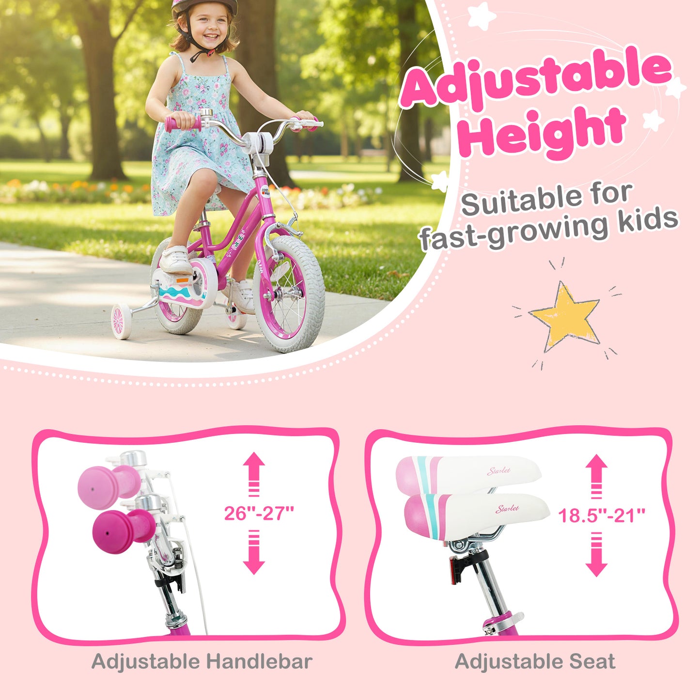 12 Inch Kids Bike for Aged 3-8 Years Old with Adjustable Handlebar Pink- Starlight Wave, Pink Kids Bike at Gallery Canada