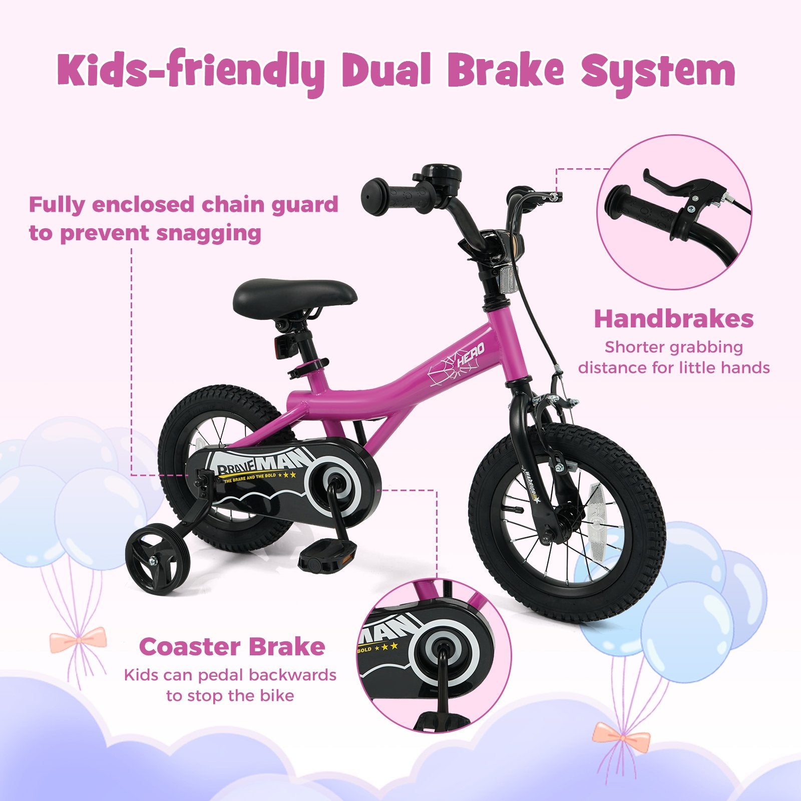 12-Inch Kids Bike with Removable Training Wheels Pink-Brave Hero Scooters at Gallery Canada