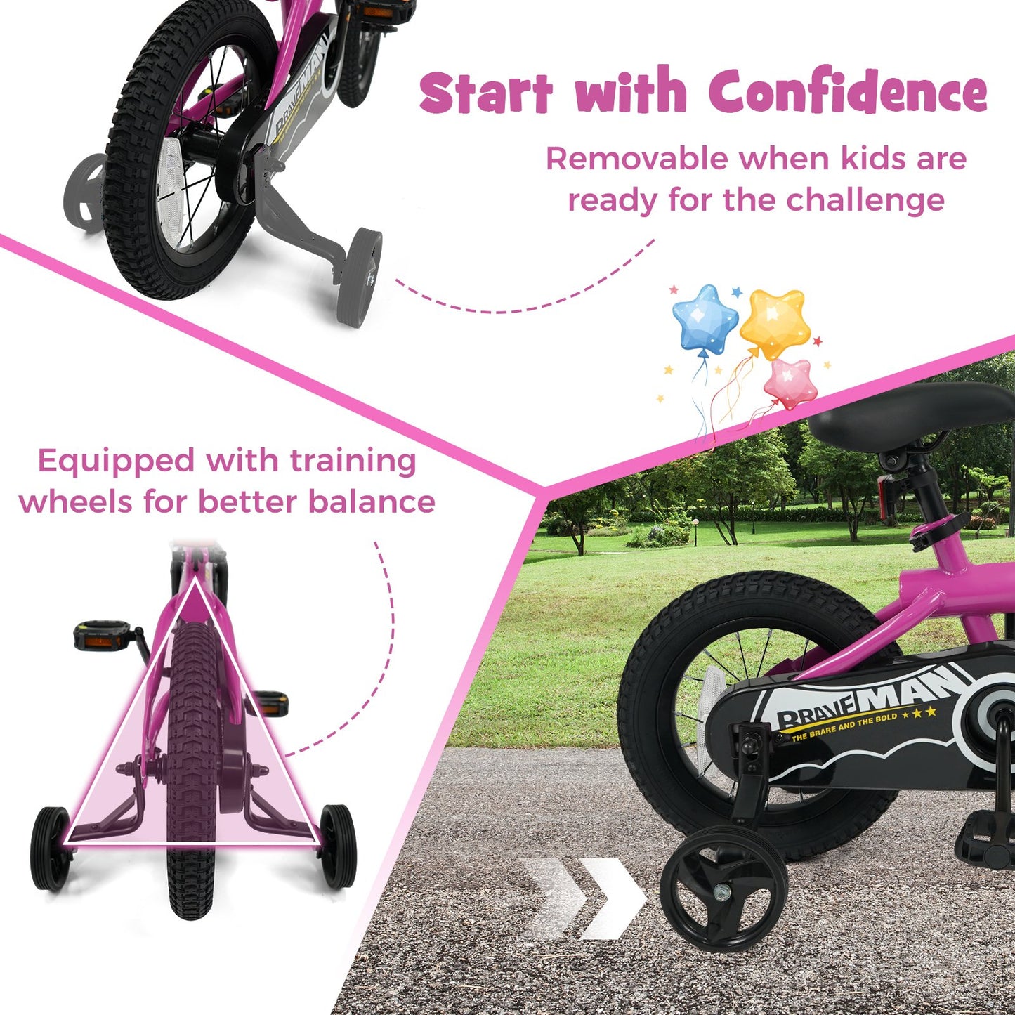 12-Inch Kids Bike with Removable Training Wheels Pink-Brave Hero Scooters at Gallery Canada